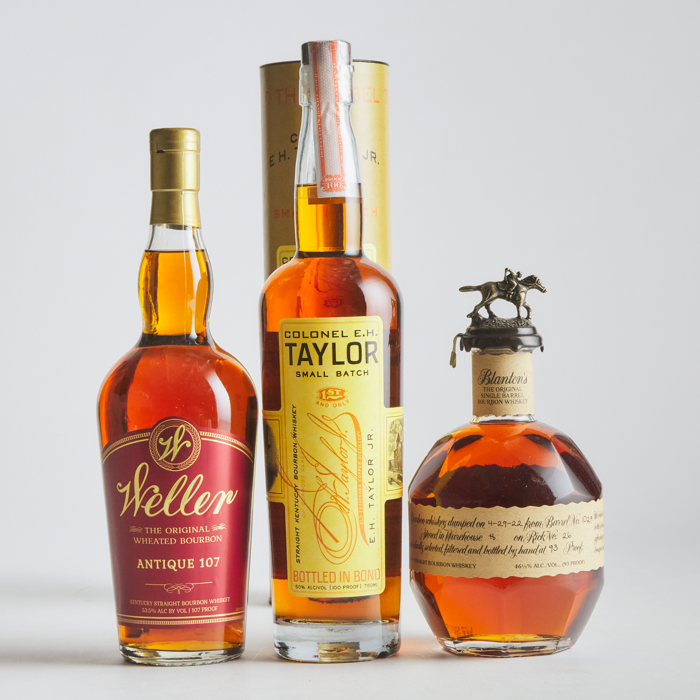 BLANTON'S SINGLE BARREL KENTUCKY STRAIGHT BOURBON WHISKEY (ONE 750 ML)
COLONEL E.H. TAYLOR JR. SMALL BATCH STRAIGHT KENTUCKY BOURBON WHISKEY (ONE 750 ML)
WELLER ANTIQUE 107 KENTUCKY STRAIGHT WHEATED BOURBON WHISKEY (ONE 750 ML)