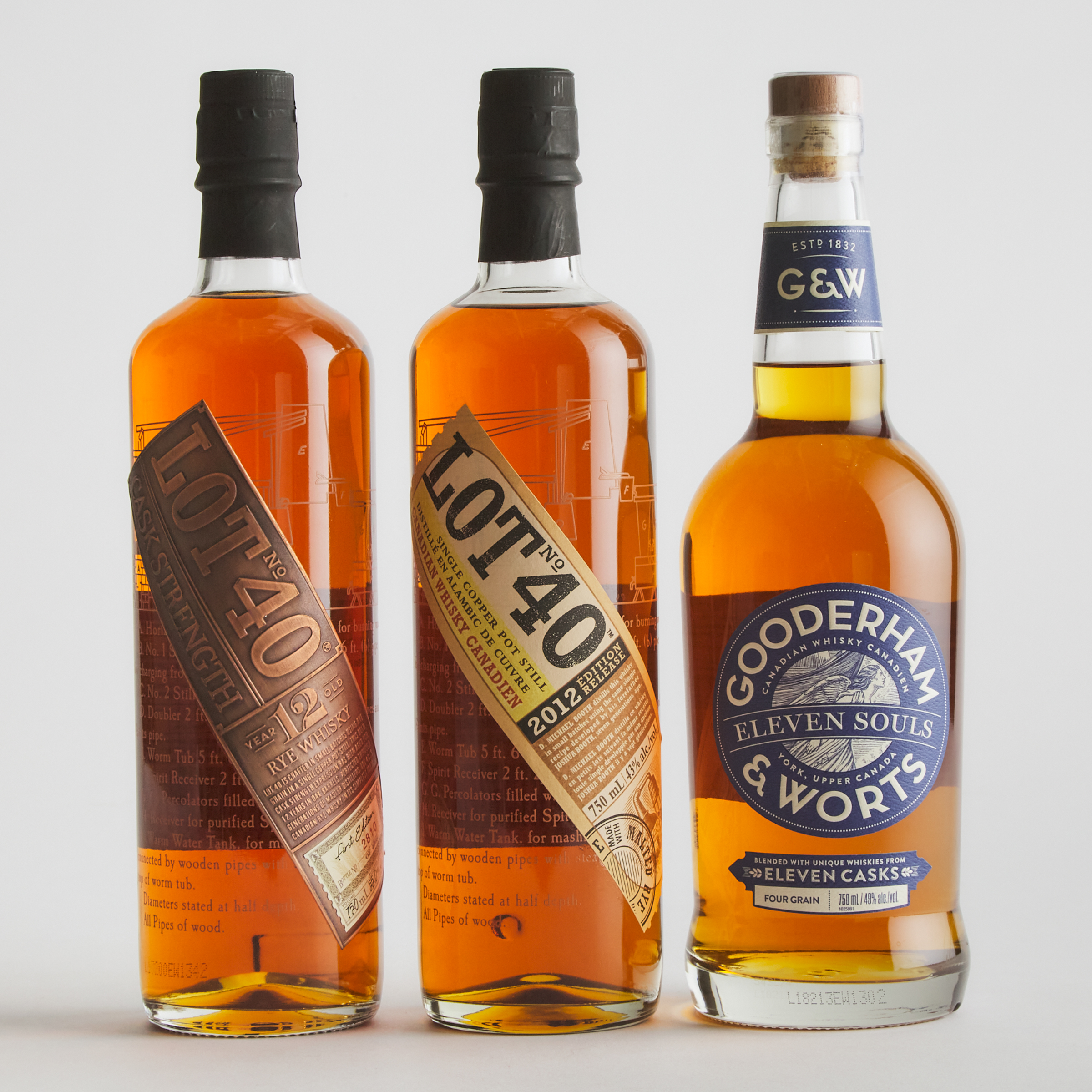 GOODERHAM AND WORTS CANADIAN WHISKY NAS (ONE 750 ML)
LOT 40 CASK STRENGTH RYE WHISKY 12 YEARS (ONE 750 ML)
LOT 40 SINGLE COPPER POT STILL CANADIAN WHISKY (ONE 750 ML)