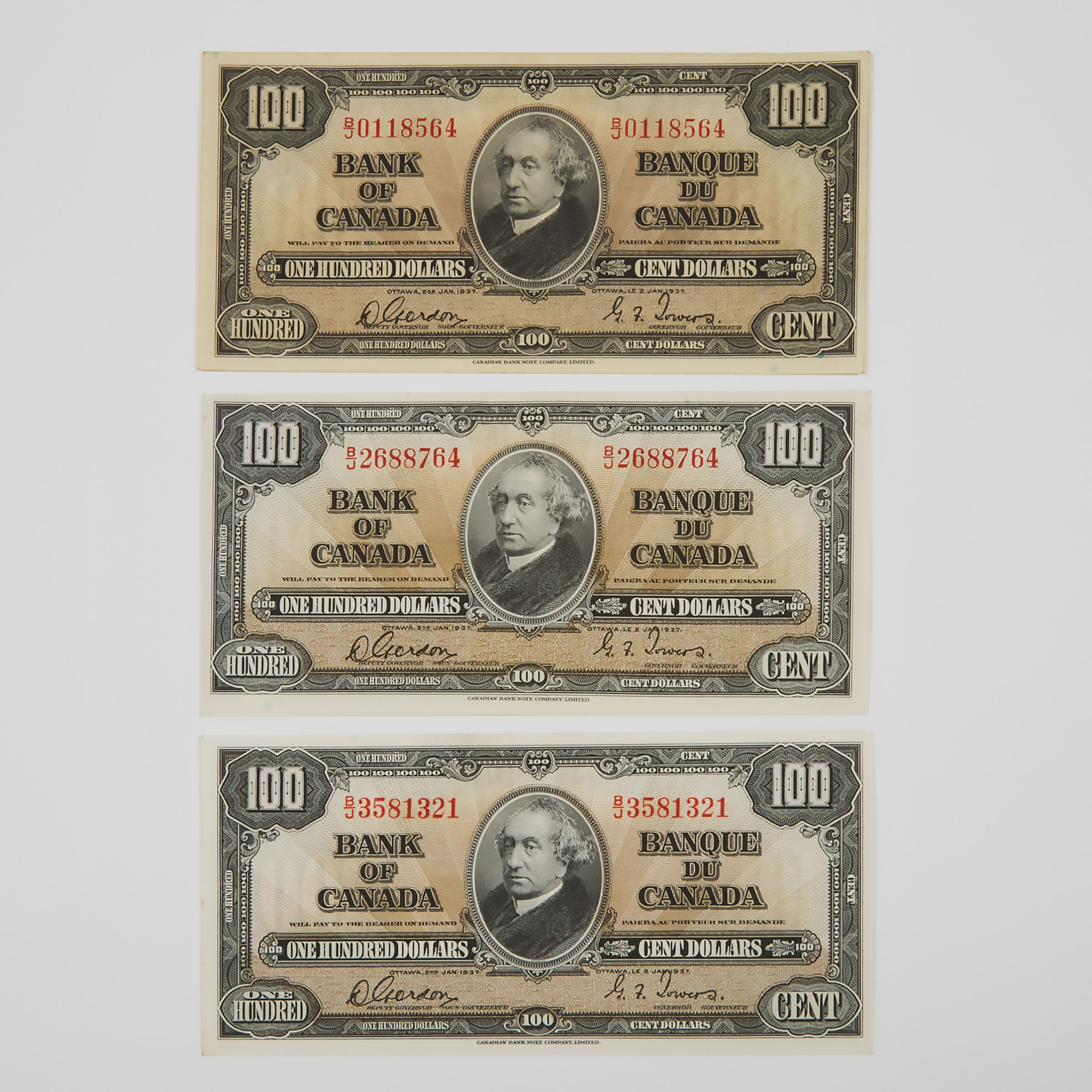 3 x Bank Of Canada 1937 $100 Banknotes