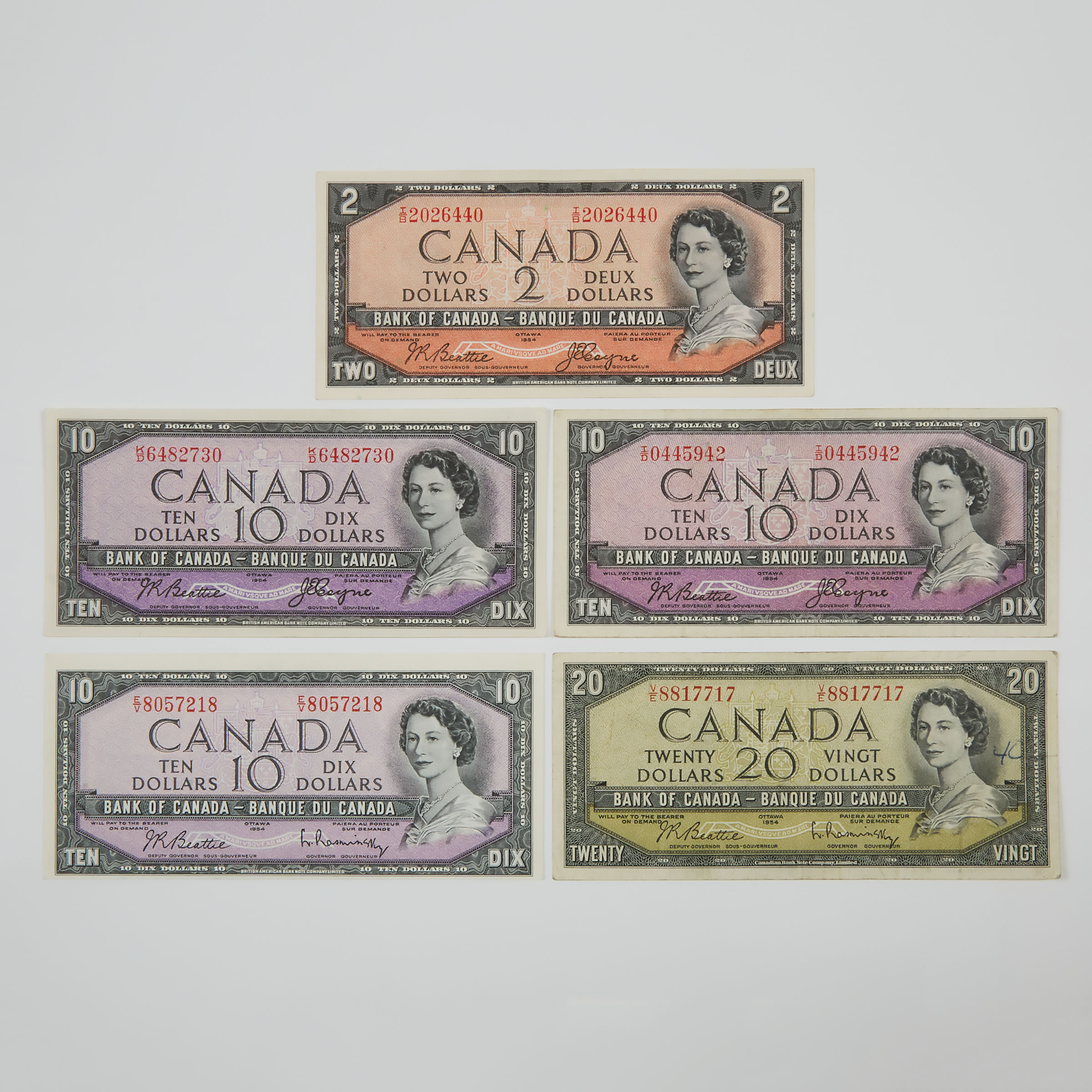 Five Various Bank Of Canada 1954 Banknotes