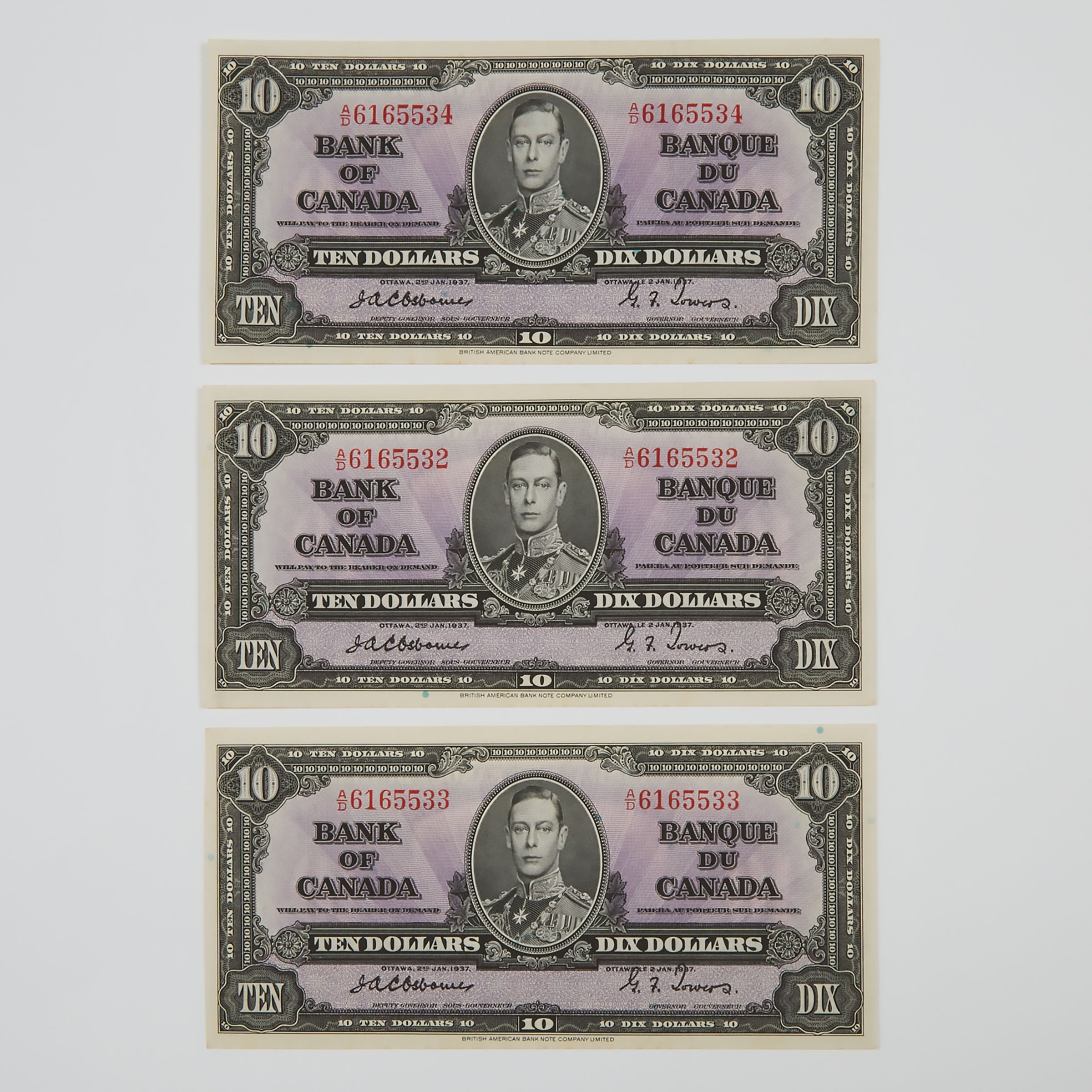 3 x Bank Of Canada 1937 $10 Banknotes