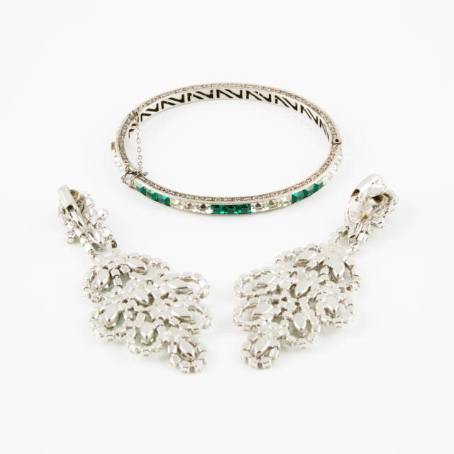 A Silver Hinged Bangle And A Pair Of Silver-Tone Metal Drop Clipback Earrings