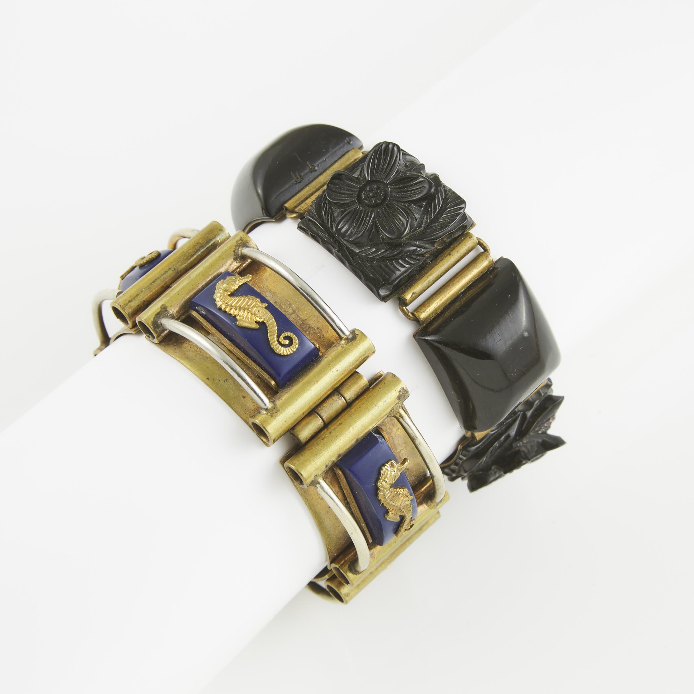 2 Brass And Carved Bakelite Bracelets
