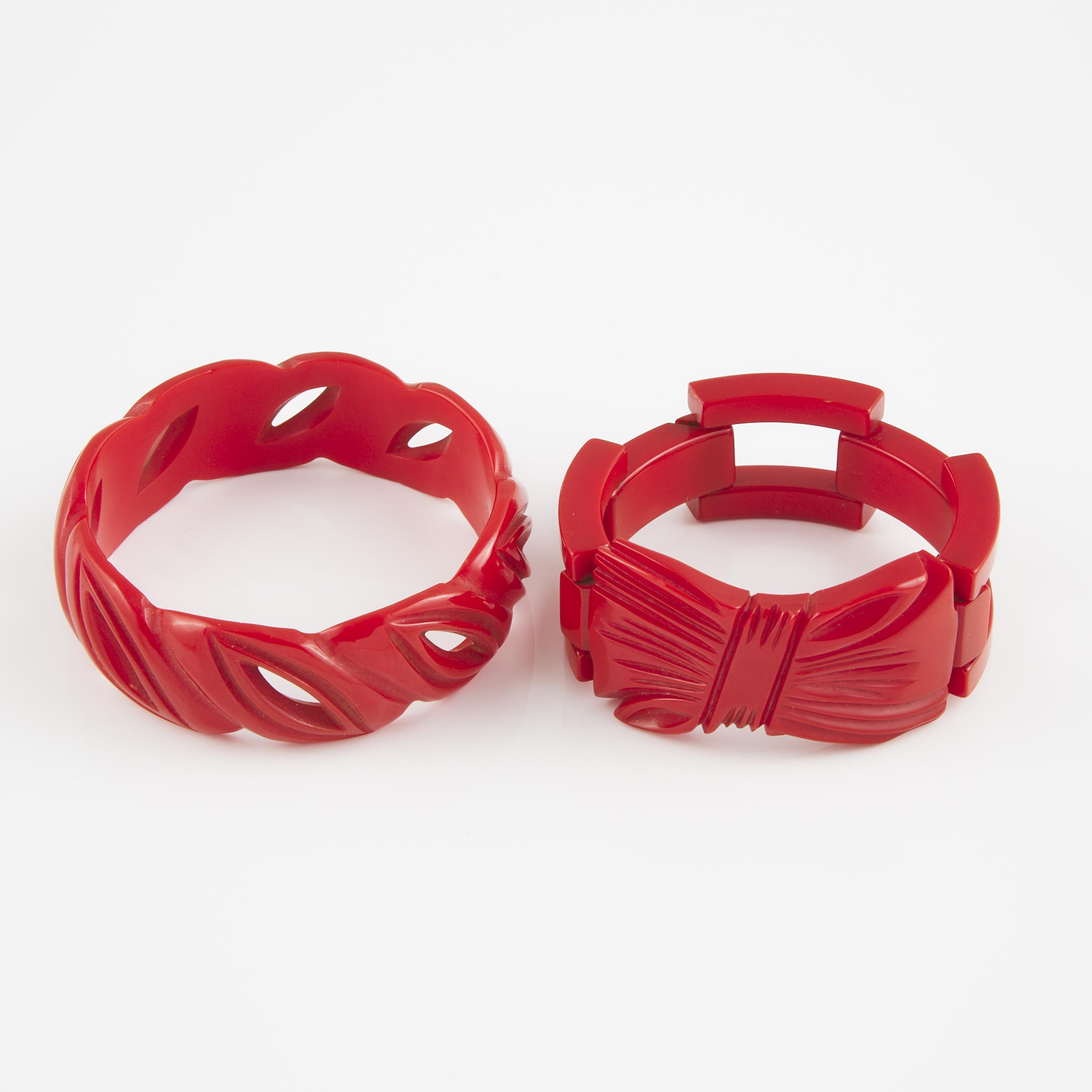 2 Carved Red Bakelite Bracelets