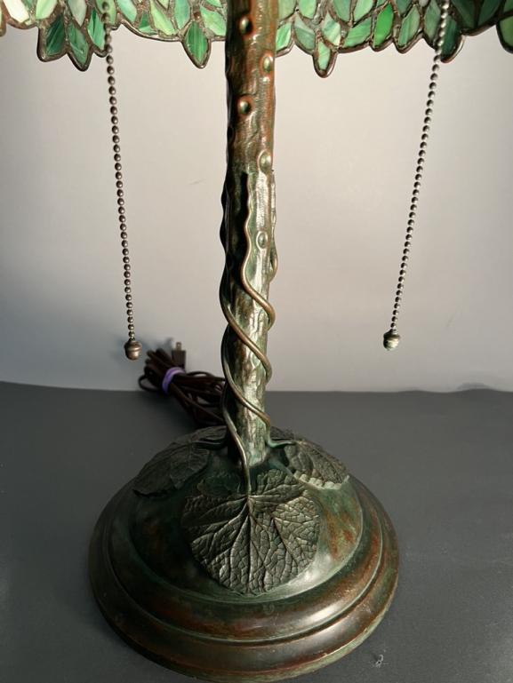 American Patinated Bronze and Leaded Mosaic Slag Glass Tree Form Table Lamp, early 20th century