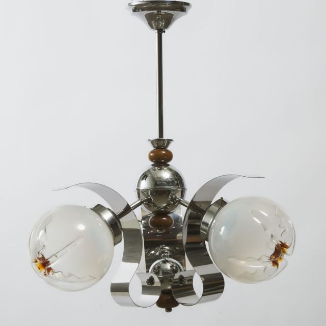 Italian Modern Chrome, Walnut and Murano Glass Hanging Light Fixture, Mazzega, c.1970