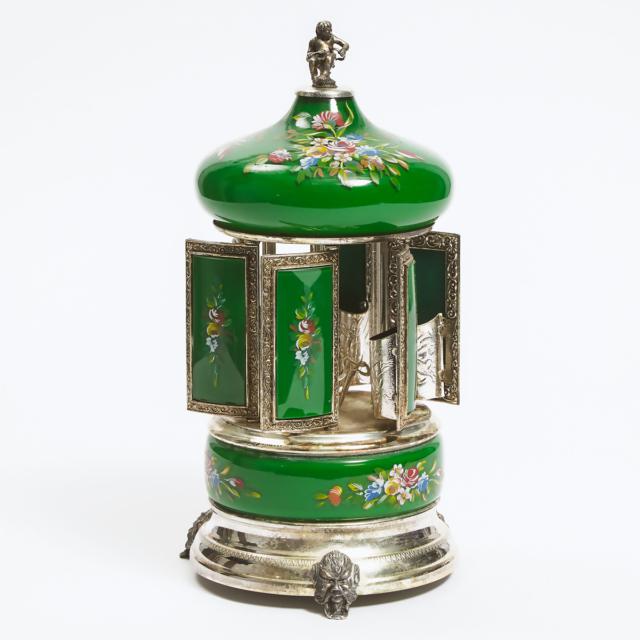 Italian Enamelled Glass and Silvered Metal Automaton Cigarette Caddy, Simo, Florence, mid 20th century