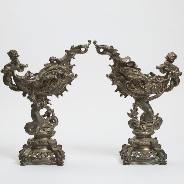 Large Pair of Continental Silvered Metal Figural 'Nautalus Cup' Form Tazzas, 19th/early 20th century