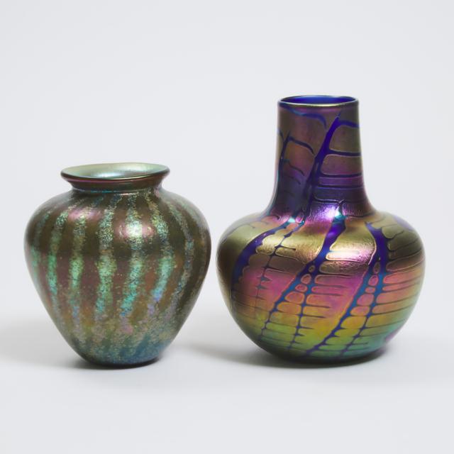 Two Canadian Iridescent Glass Vases, Jim Norton and Claude Duperron, early 21st century