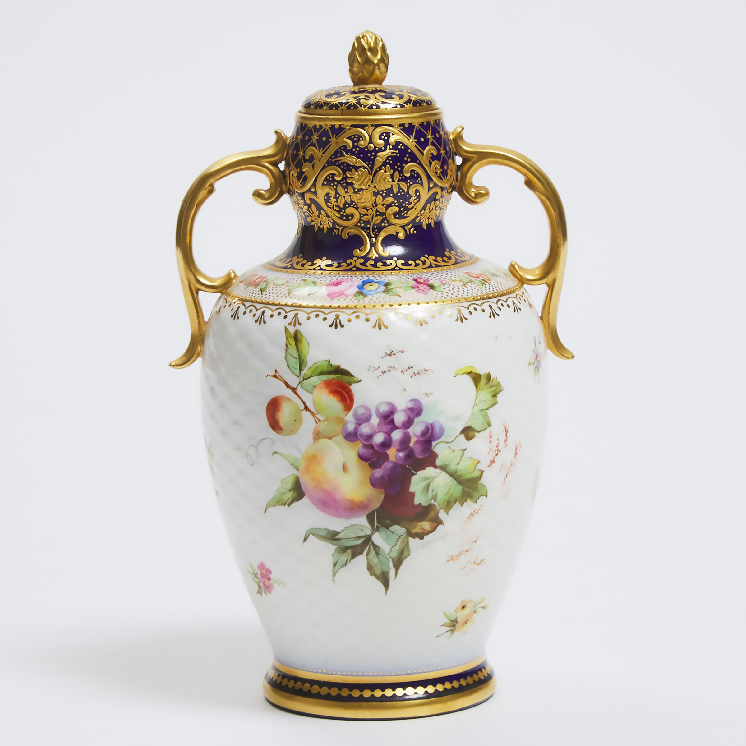 Copeland Fruit and Floral Painted Two-Handled Vase and Cover, Charles Brough, late 19th century