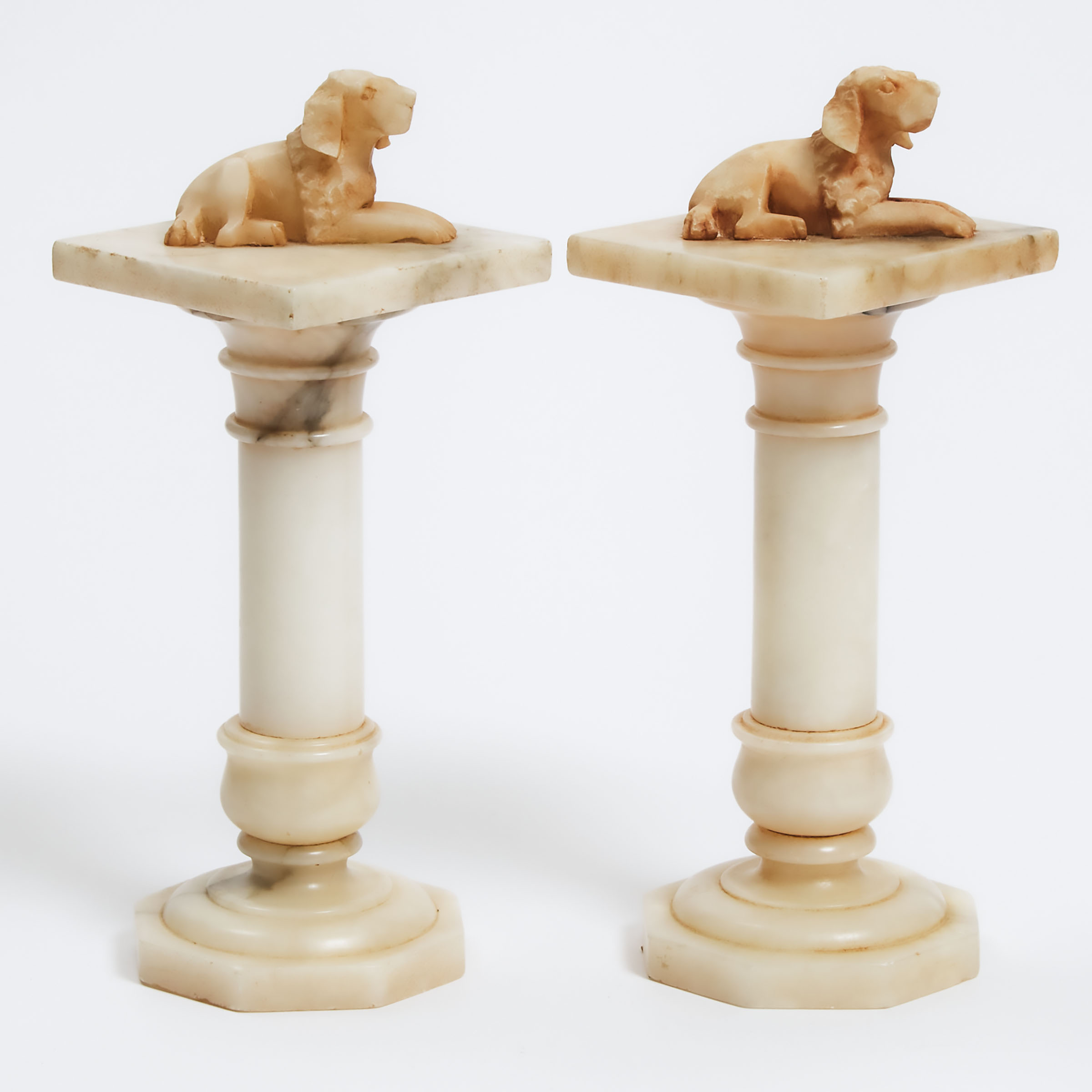 Pair of Italian Dog Form Mantle Garnitures, 19th/early 20th century