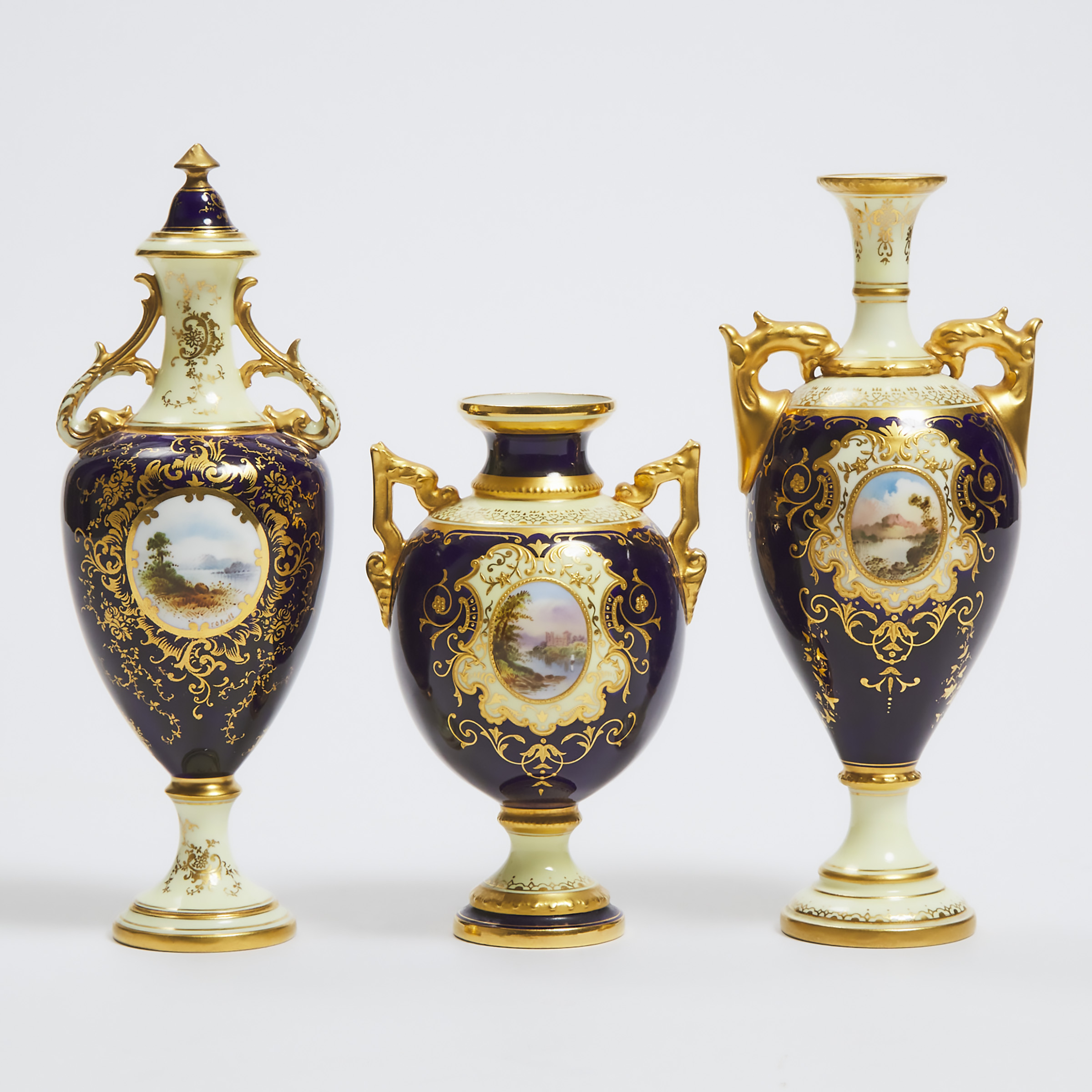 Three Coalport Topographical Two-Handled Vases, early 20th century