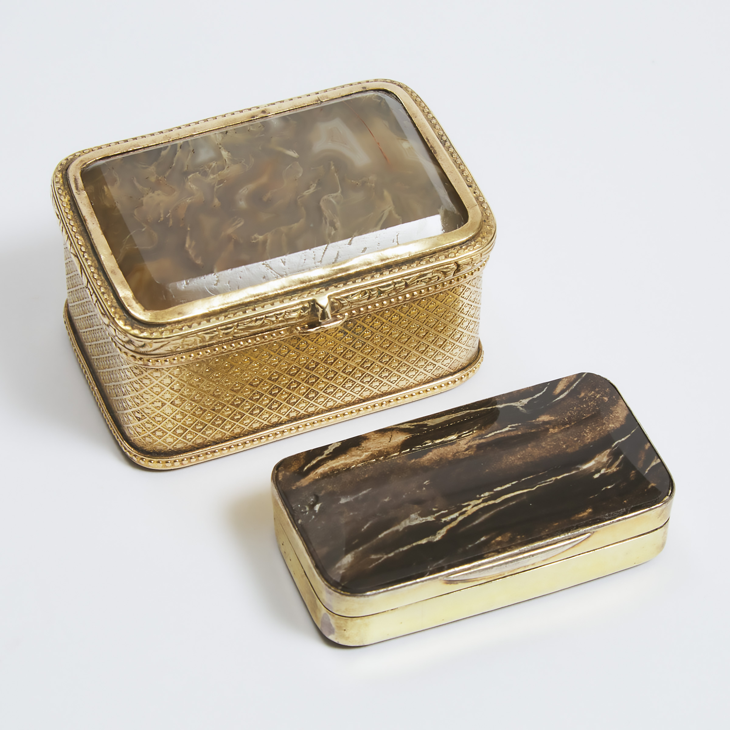 Two Italian Agate Mounted Gilt Metal Dresser Boxes, early 20th century