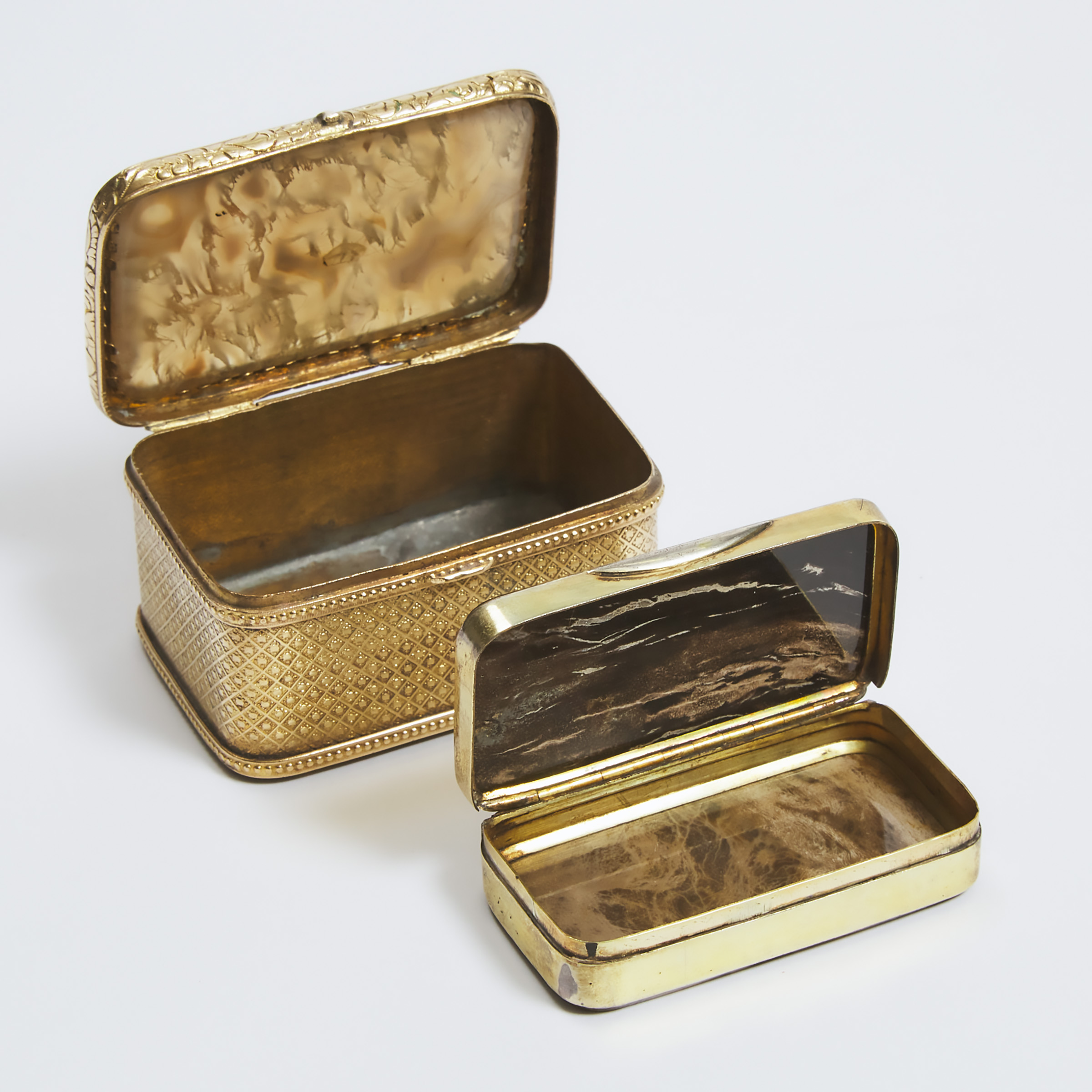 Two Italian Agate Mounted Gilt Metal Dresser Boxes, early 20th century