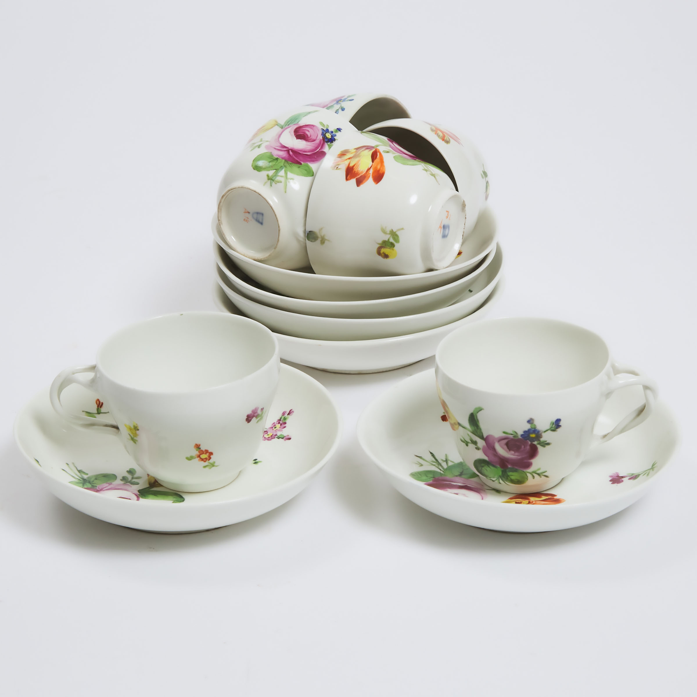 Six Vienna Flower Painted Cups and Saucers, late 18th/early 19th century