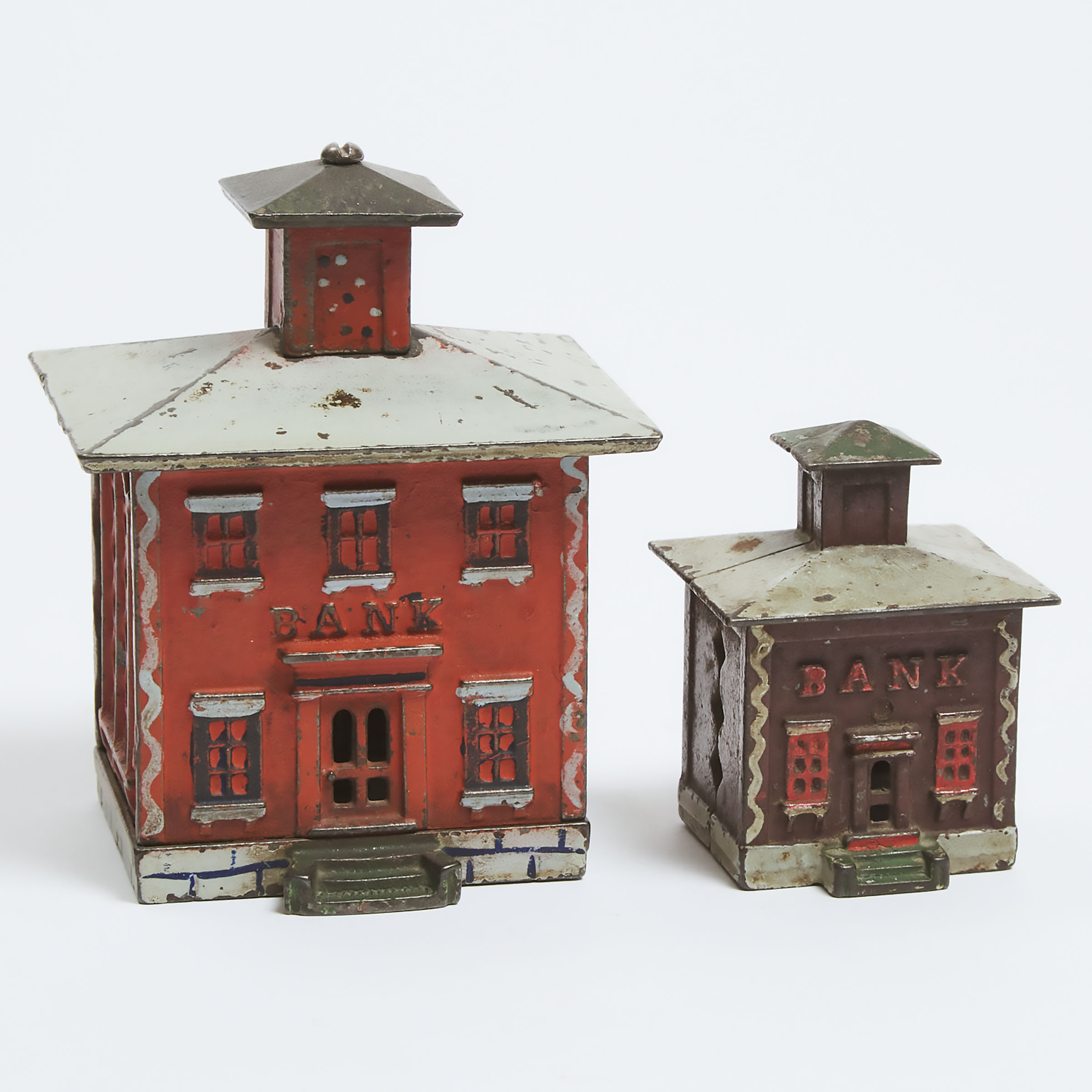 Two Bank Building Form Painted Cast Iron Still Banks, 19th century