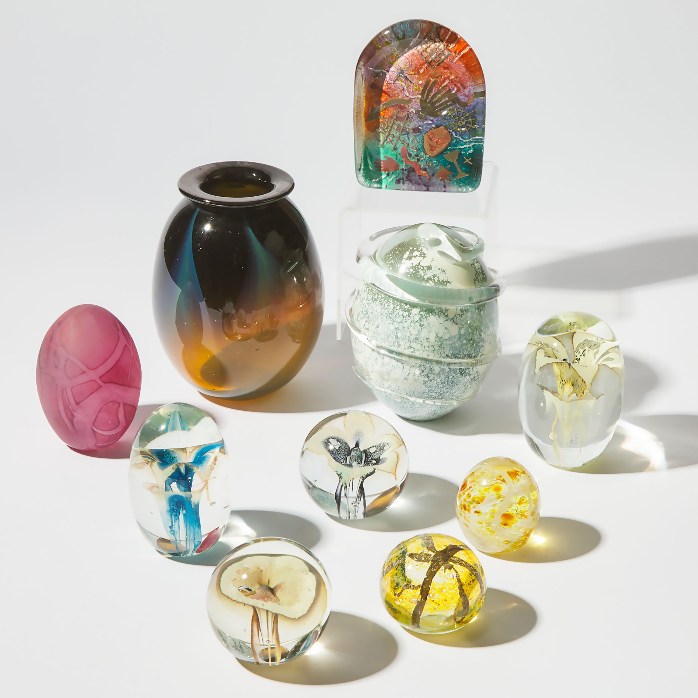 Denise Belanger-Taylor (Canadian, b.1952), Ten Glass Paperweights and a Vase, 1987-94