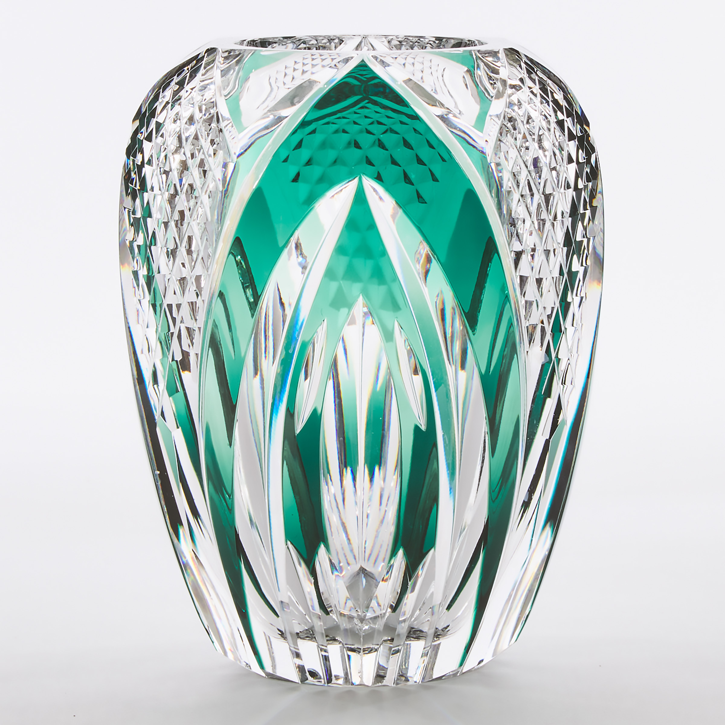 Val St. Lambert Green Overlay Cut Glass Vase, 20th century