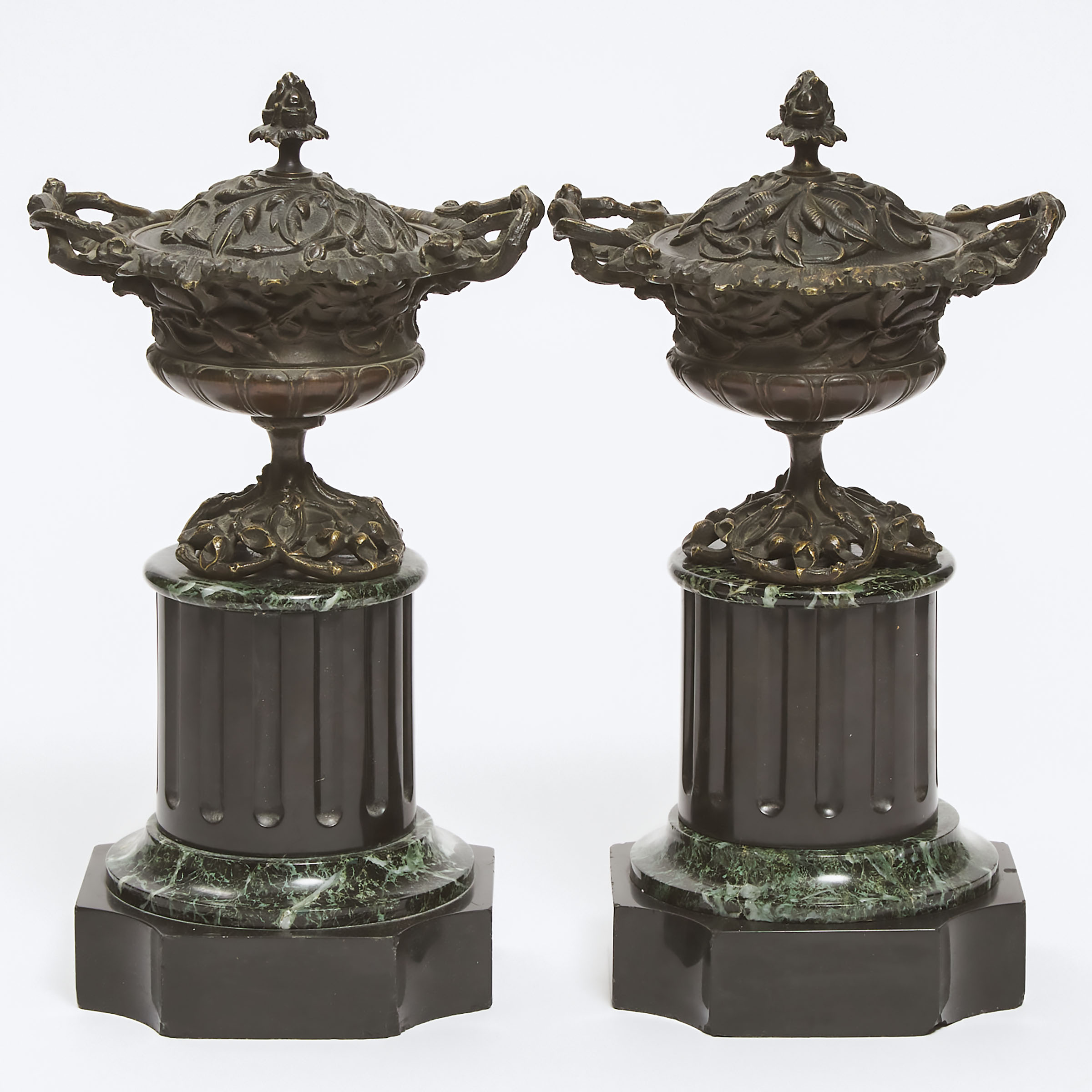 Pair of French Bronze Naturalistic Covered Mantle Urns, c.1900
