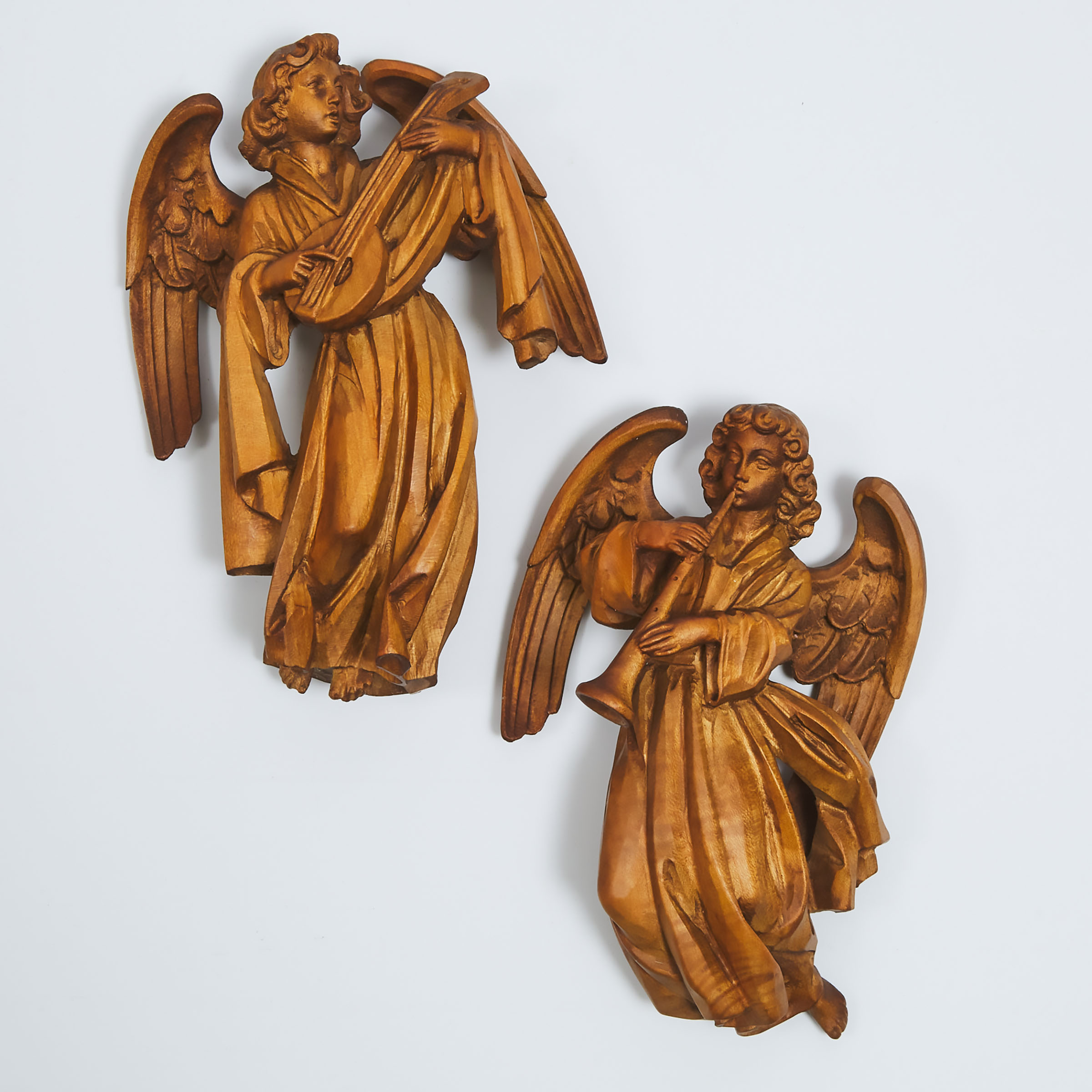 Pair of Carved Walnut Angelic Musicians, Josef 'Peppi' Rifesser (Italian, 1921-2020), mid 20th century