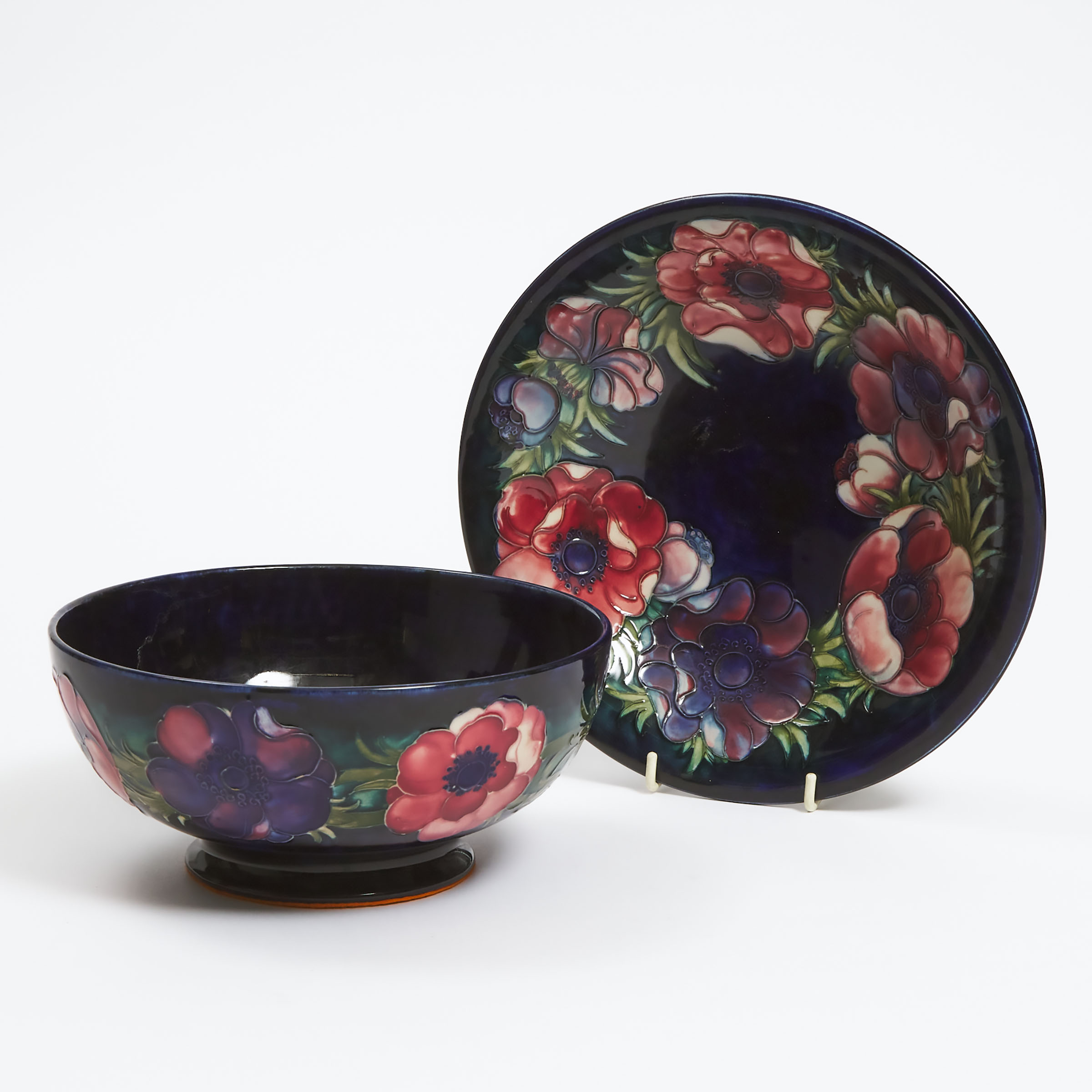 Moorcroft Anemone Bowl and Plate, mid-20th century