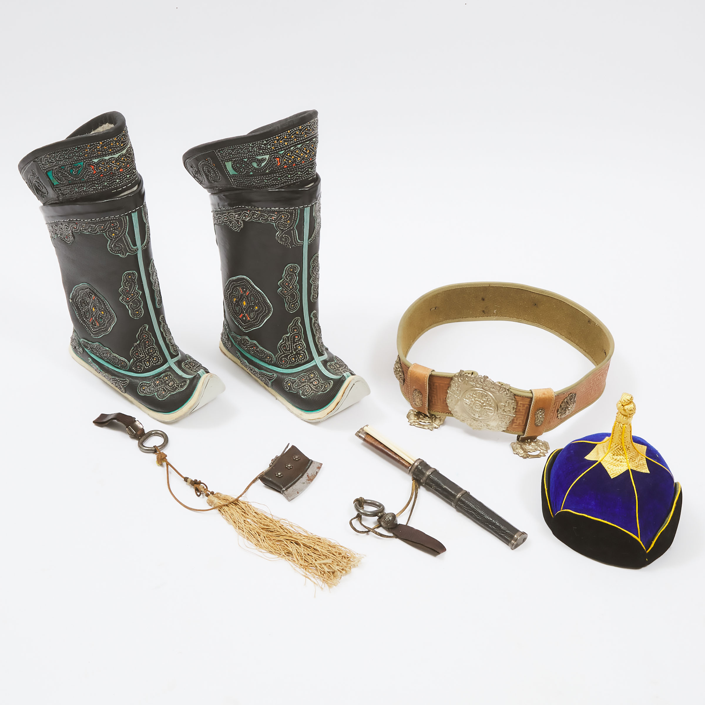 Mongolian Traditional Hat, Boots (Gutals), Belt, Utility Knife and Tinder Pouch with Striker (Chuckmuck), early to mid 20th century