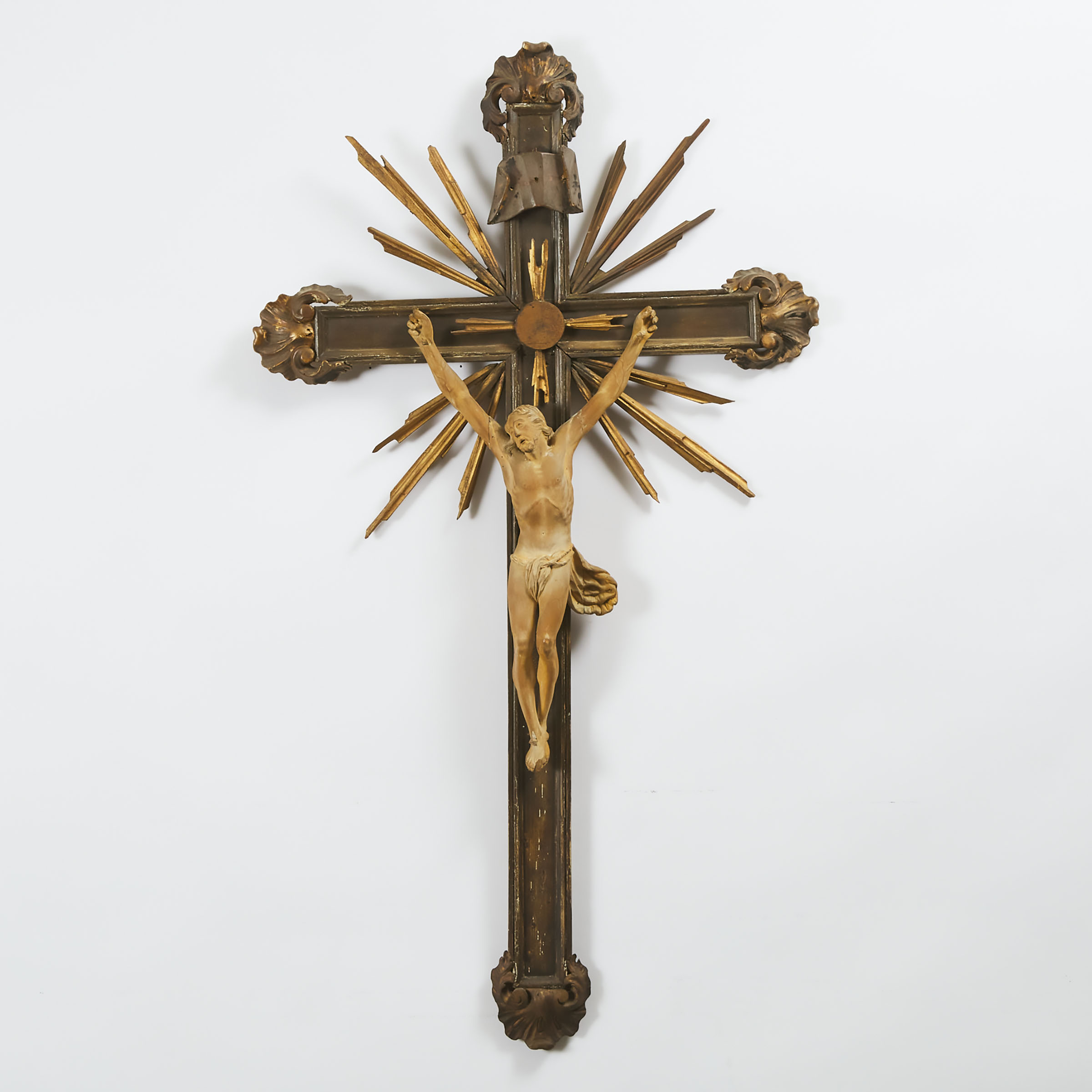 Large Continental Baroque Carved, Painted and Parcel Gilt Crucifix, 18th century