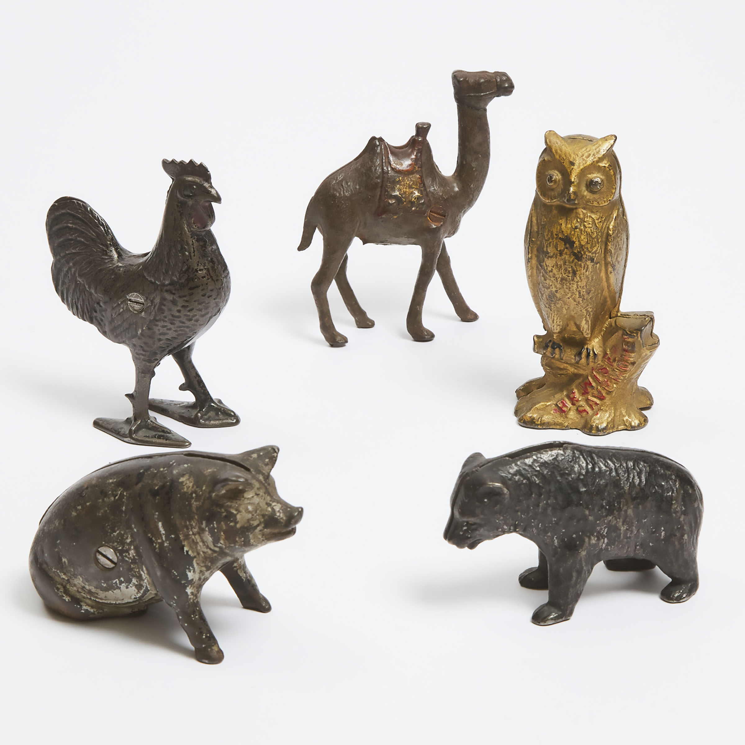 Five Animal Form Painted Cast Iron Still Banks, 19th century
