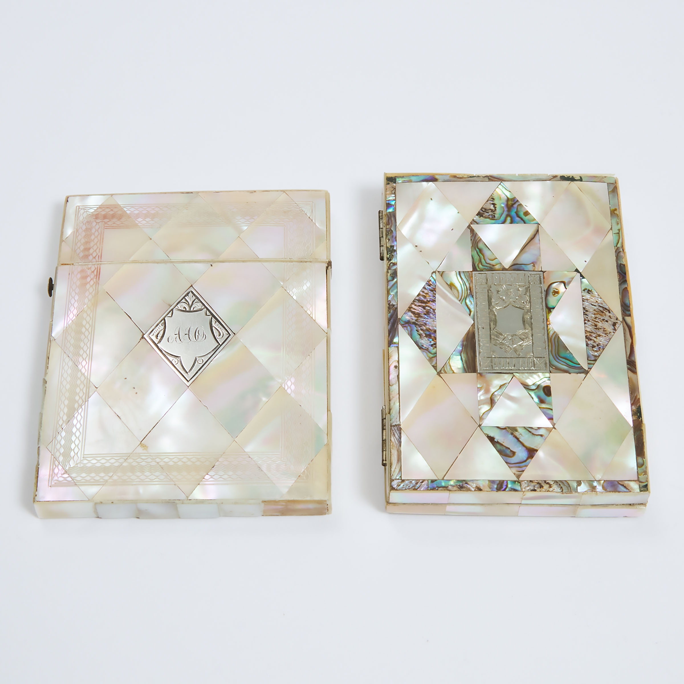 Two Victorian Silver Mounted Abalone Inlaid Card Cases, late 19th/early 20th century