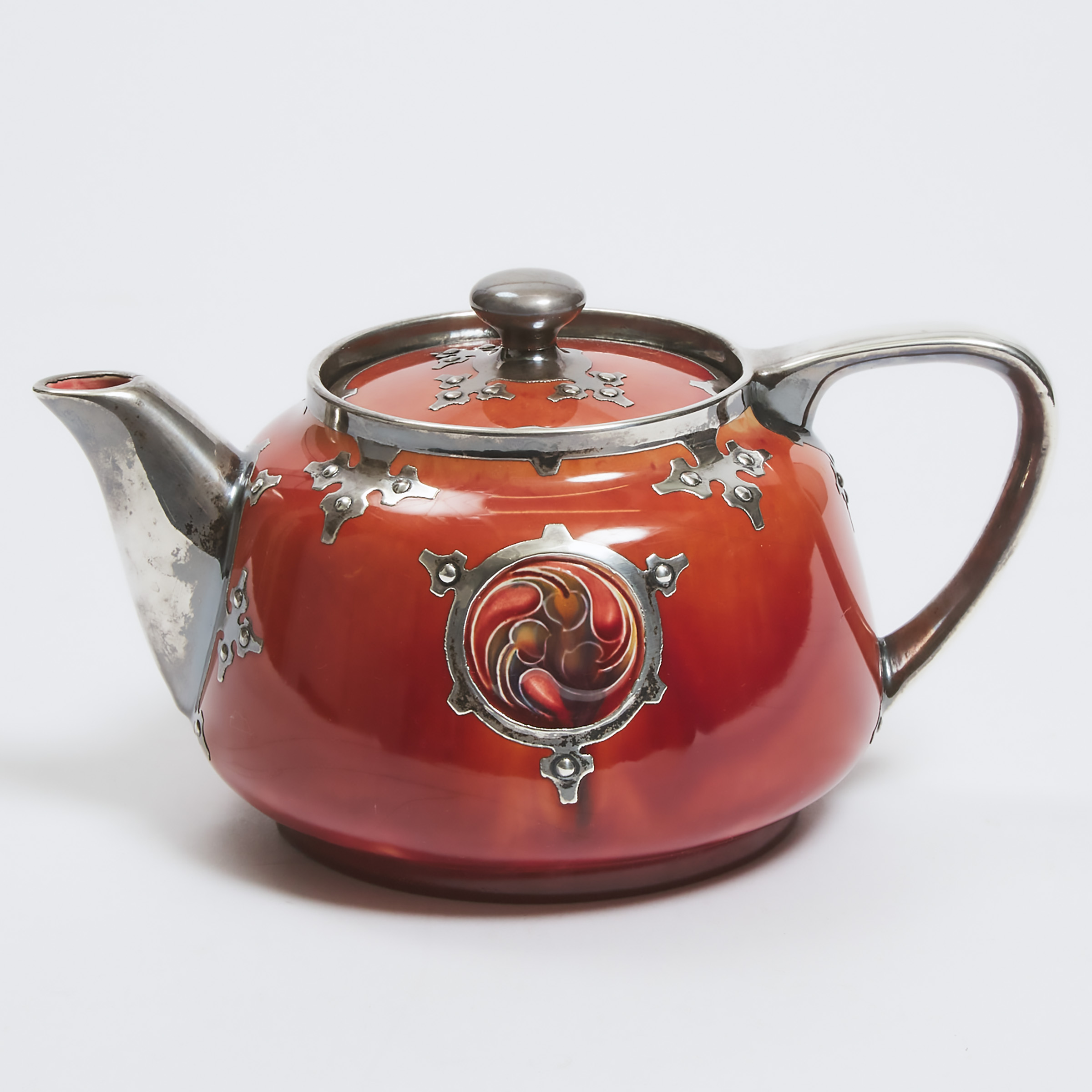 Macintyre Moorcroft Silver Overlaid Red Flamminian Teapot, for Liberty & Co., 1906-13