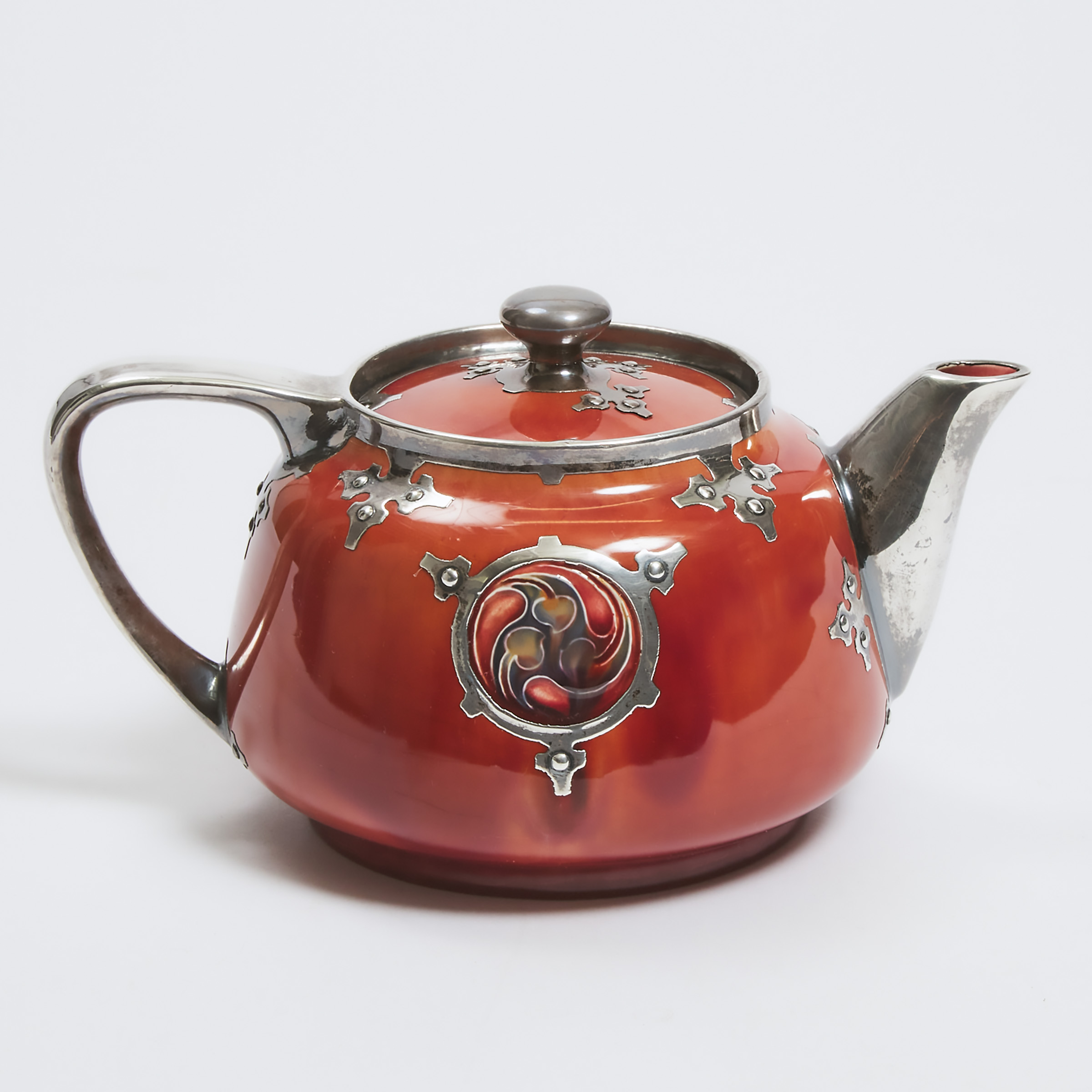 Macintyre Moorcroft Silver Overlaid Red Flamminian Teapot, for Liberty & Co., 1906-13