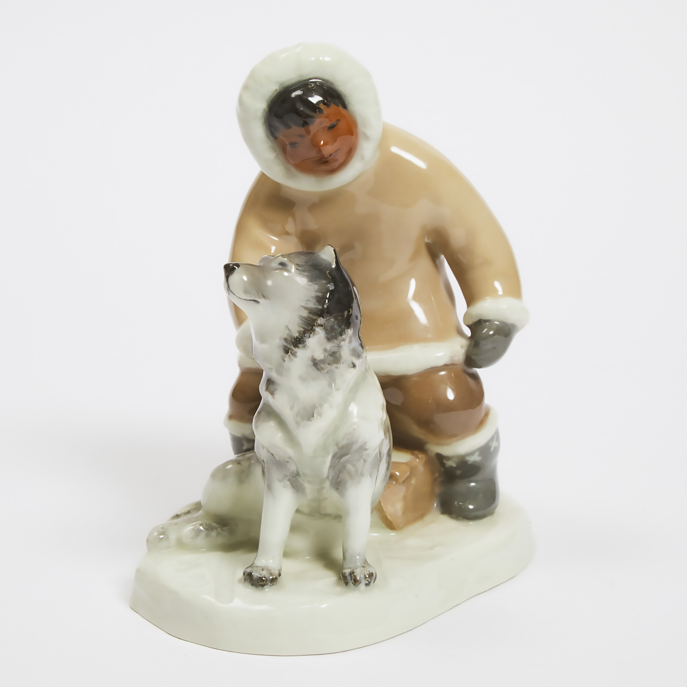 Leo Mol Porcelain Figure Group of an Inuk Boy with Sled and Dog, 1955