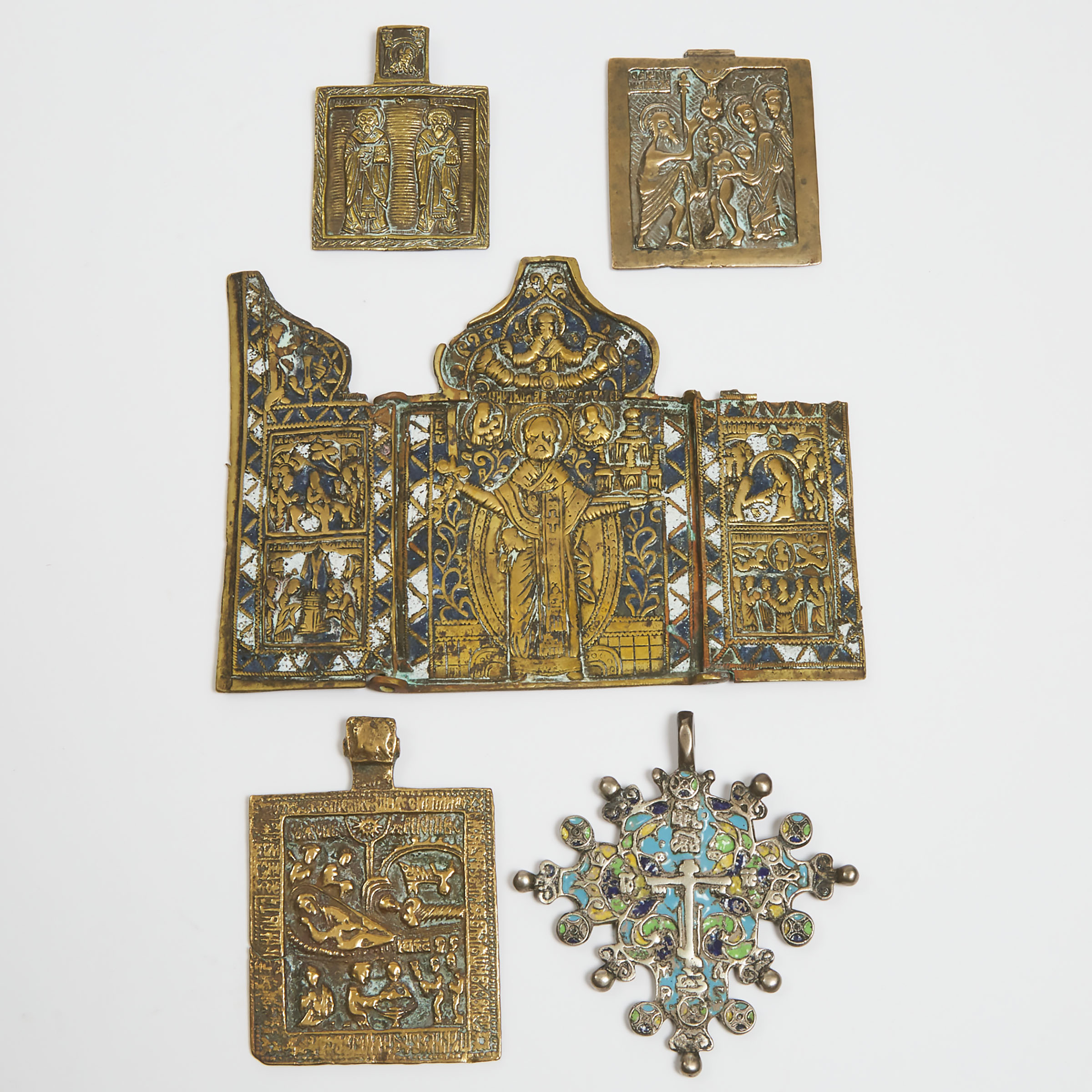 Group of Russian Enamelled Bronze Travelling Icons, 19th century and earlier
