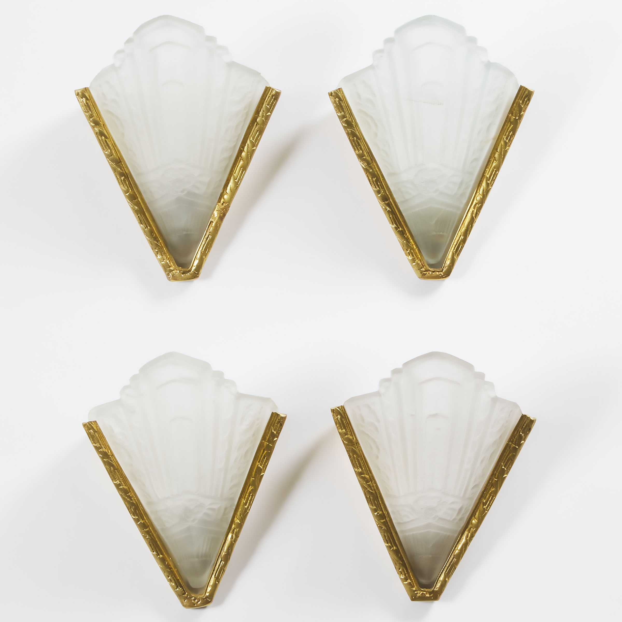 Set of Four Art Deco Style Etched Glass and Brass Wall Sconces, 20th century