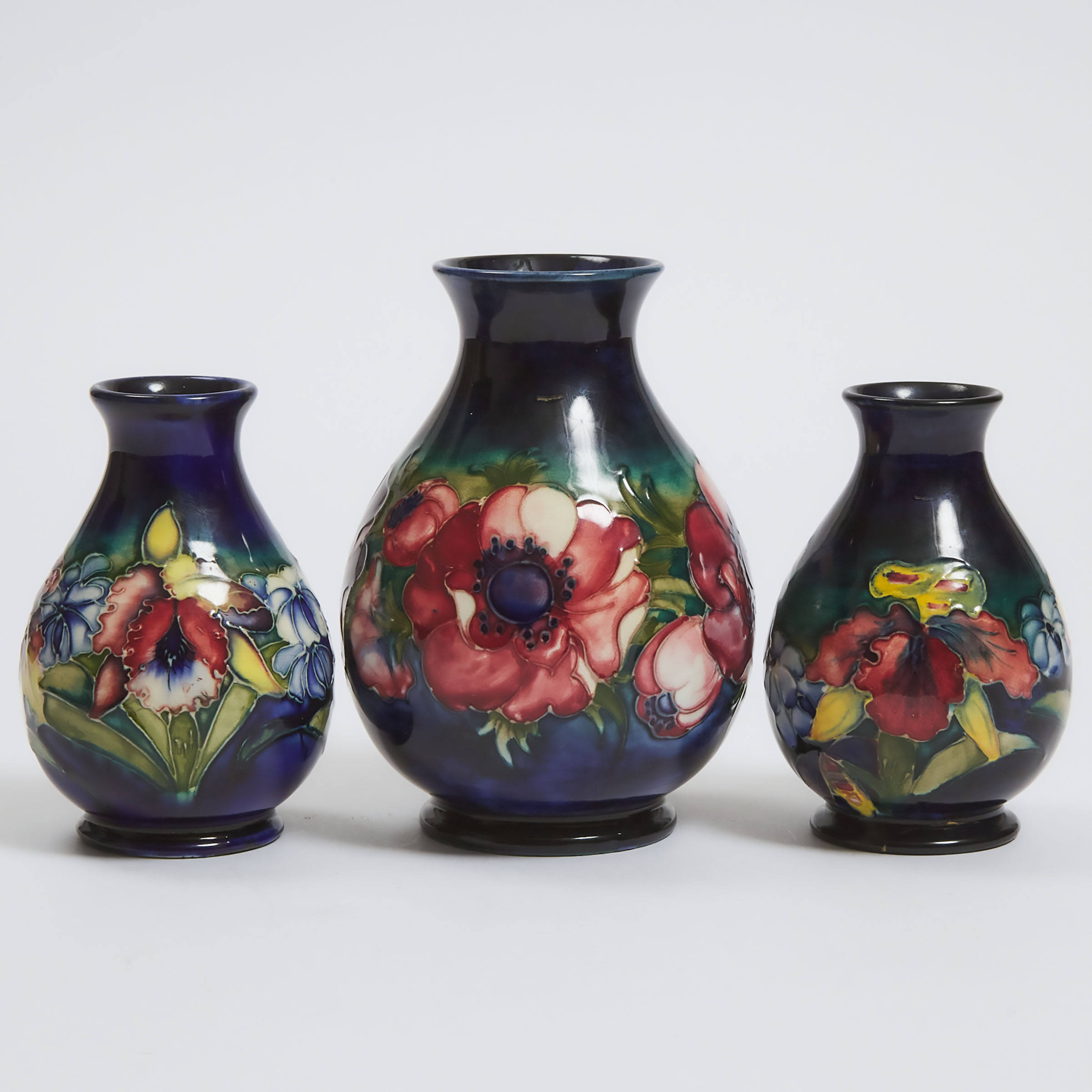 Moorcroft Anemone Vase and Two Orchids Vases, 1940s