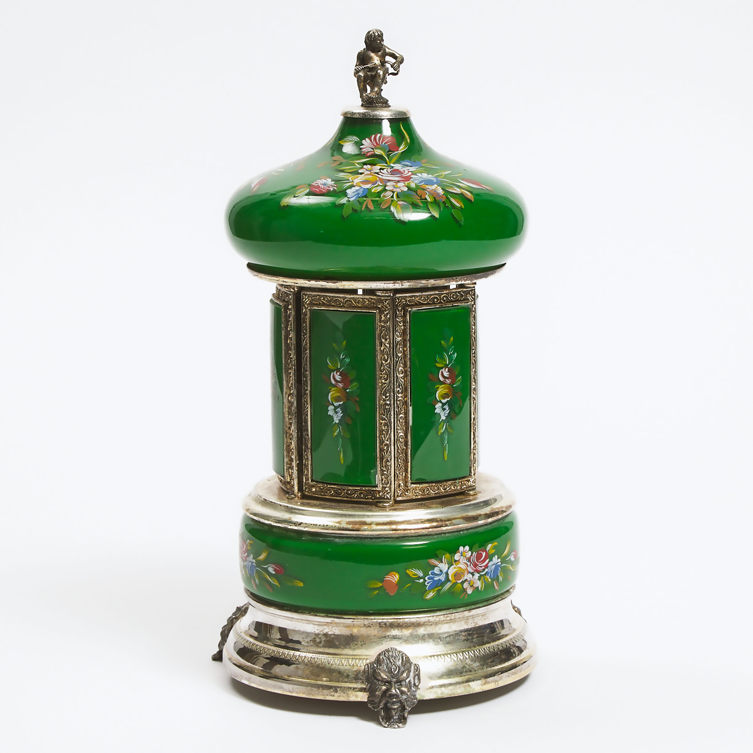 Italian Enamelled Glass and Silvered Metal Automaton Cigarette Caddy, Simo, Florence, mid 20th century