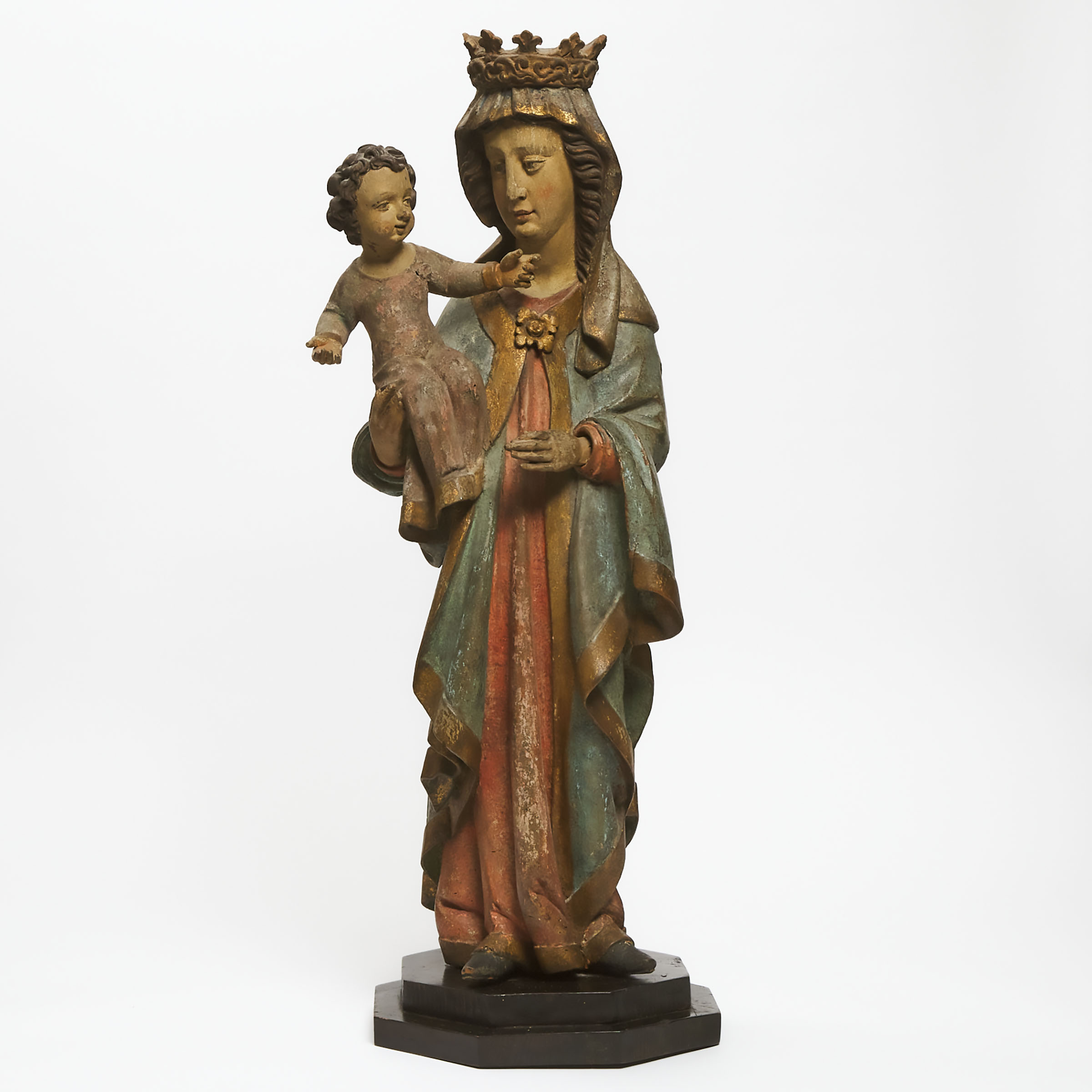 South German Baroque Carved, Polychromed and Parcel Gilt Group of the Madonna and Child, 17th century or earlier