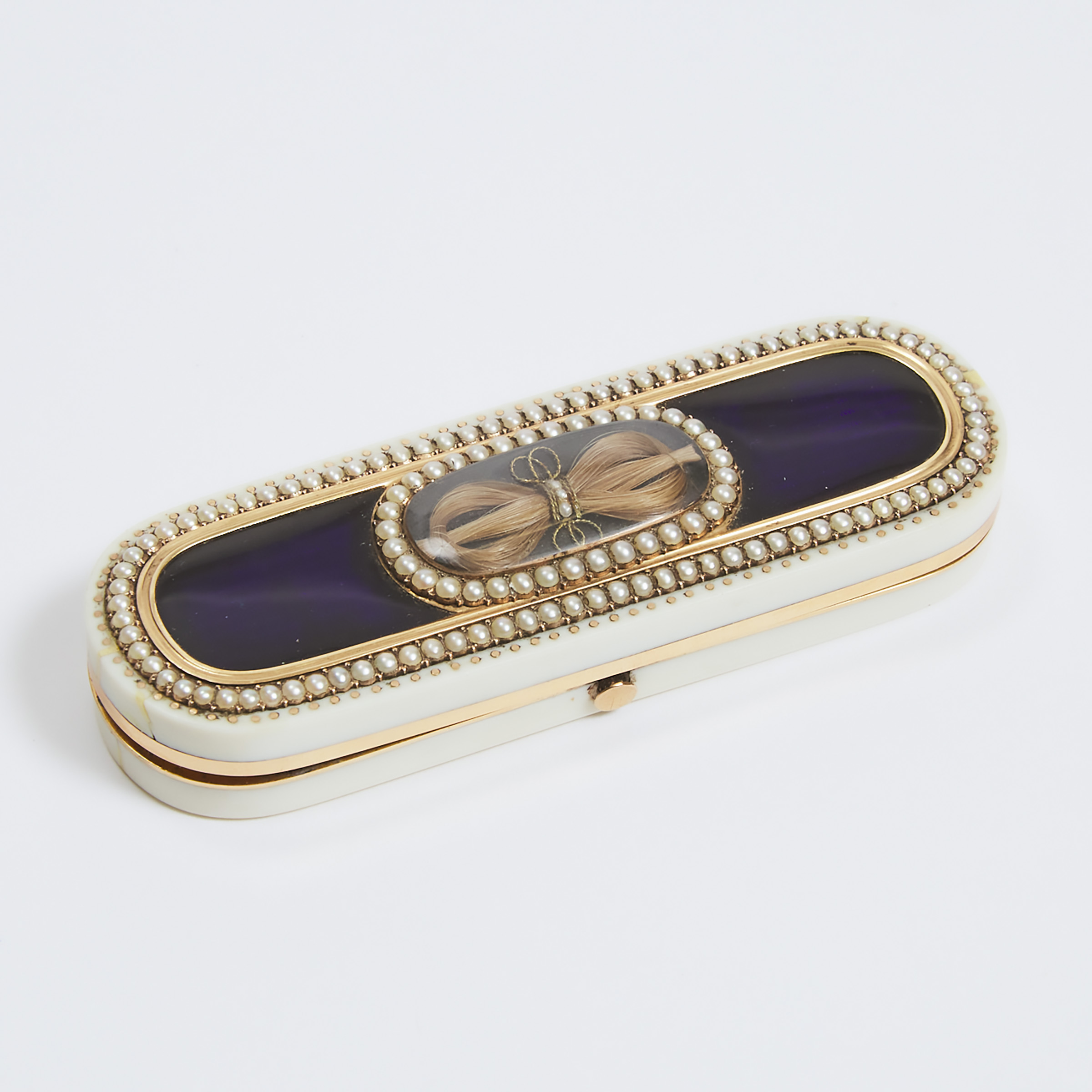 George III Gold, Blue Enamel and Seed Pearl Mounted Ivory Toothpick Case, late 18th century