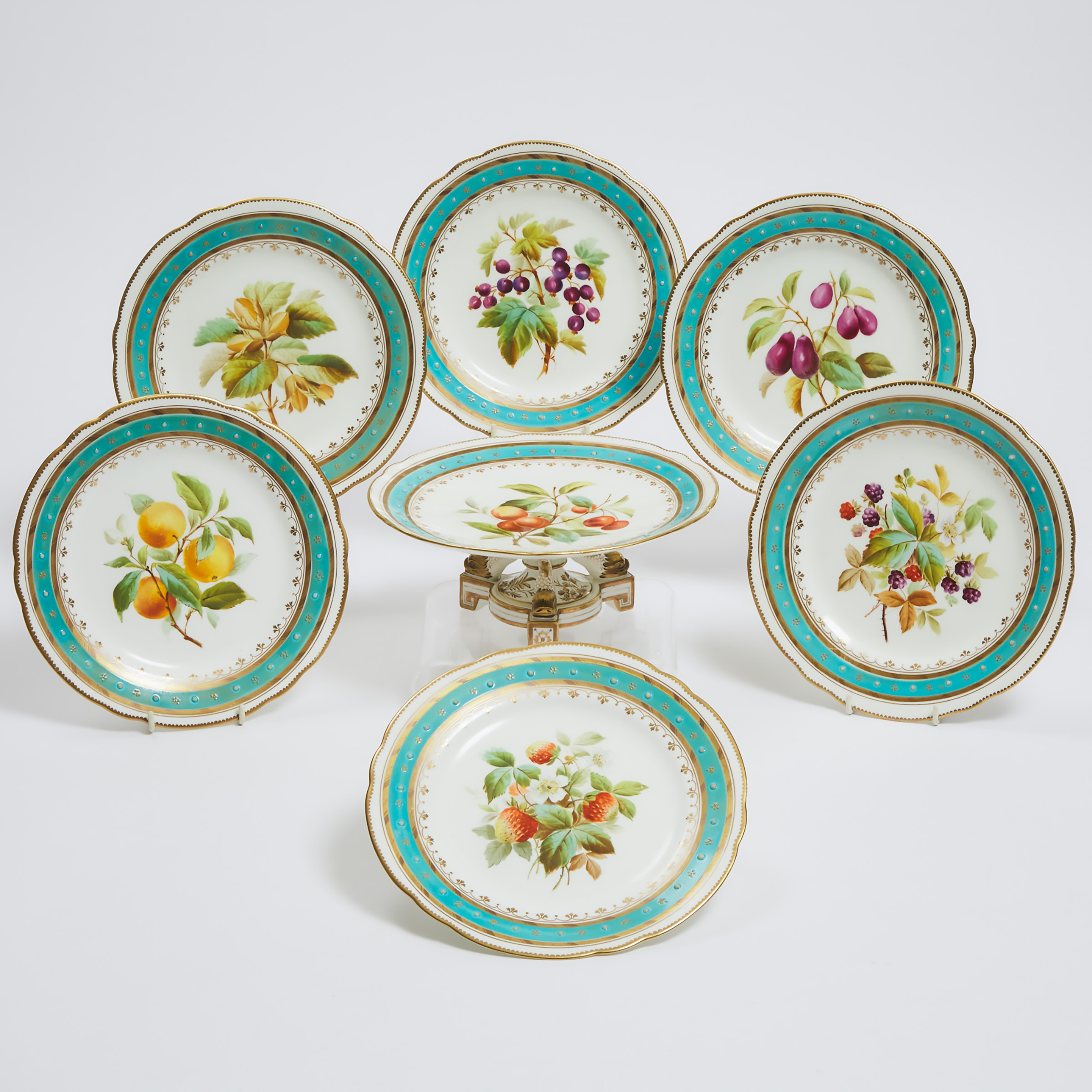 English Porcelain Turquoise and Gilt Banded Dessert Service, late 19th century