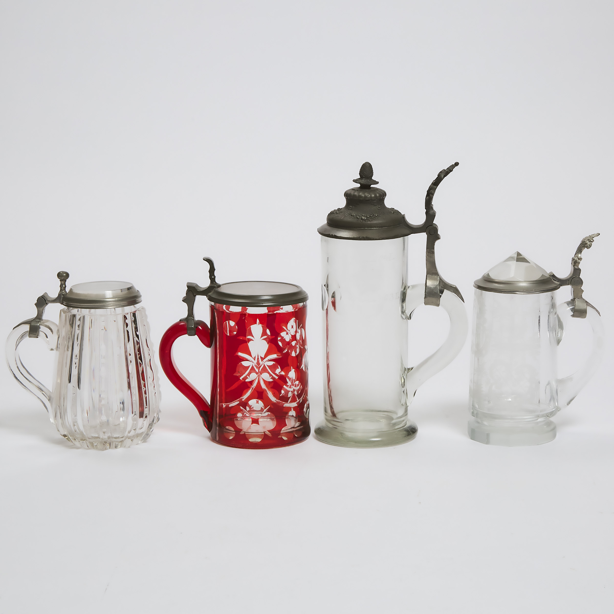 Four Bohemian Pewter Mounted Cut Glass Tankards, second half of the 19th century