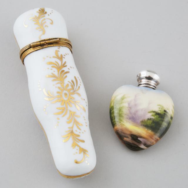 Continental Porcelain Heart Shaped Perfume Bottle and an Etui Case, early/mid-20th century