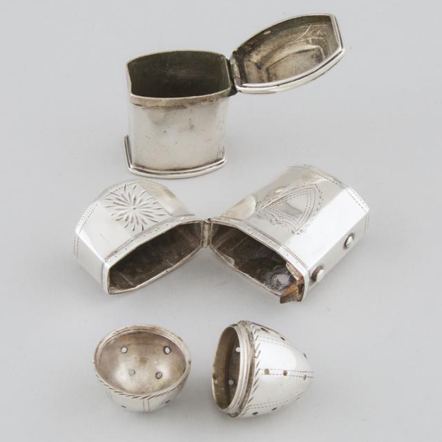 George III Silver Perfume Bottle Case, Samuel Pemberton, Birmingham, 1793, a Spice Box, and a Pomander, late 18th century