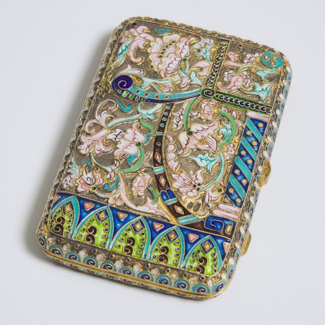 Russian Silver-Gilt and Shaded Cloisonné Enamel Cigarette Case, 11th Artel, Moscow, c.1908