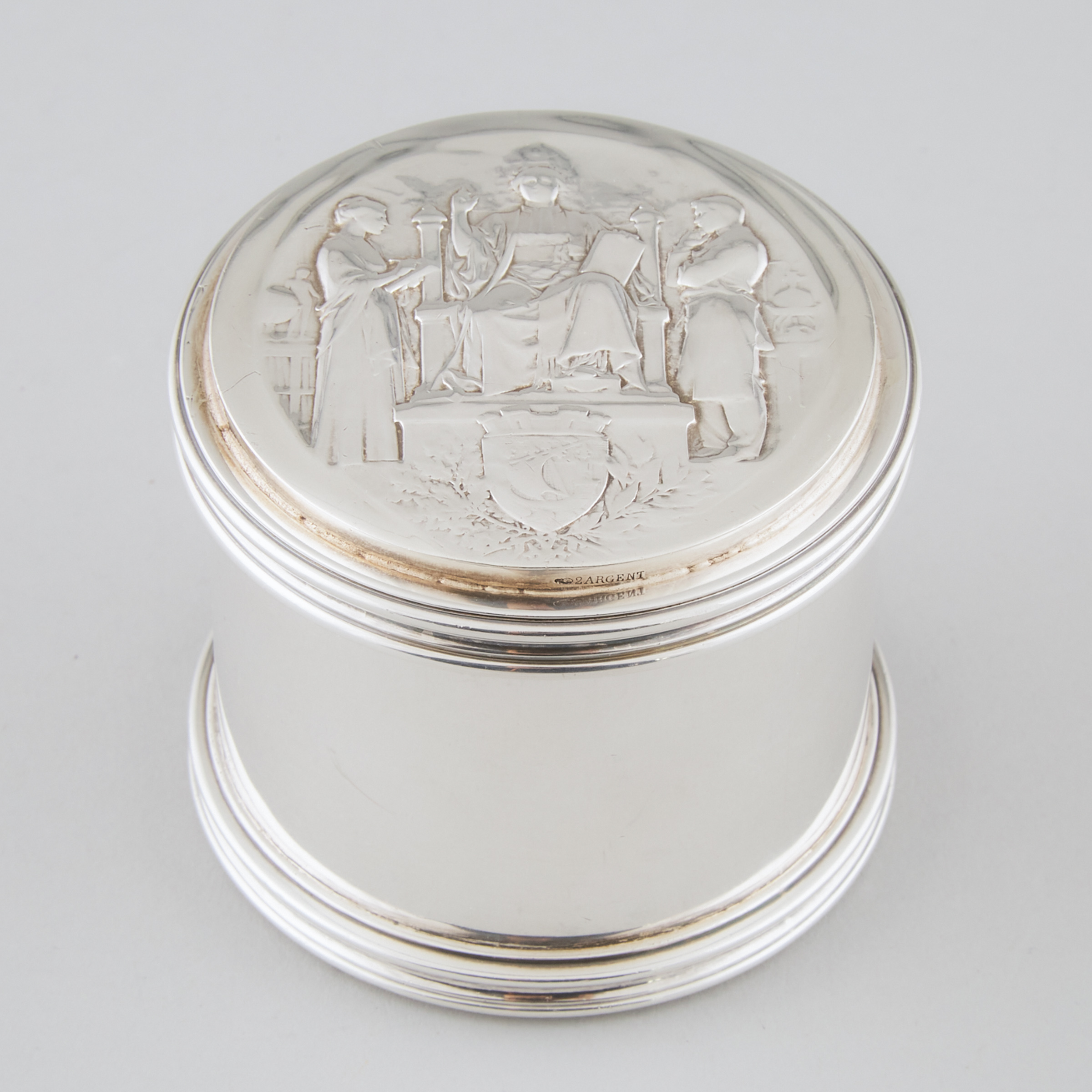 English and French Silver 'Paris' Cylindrical Box, Charles & Richard Comyns, London, 1923