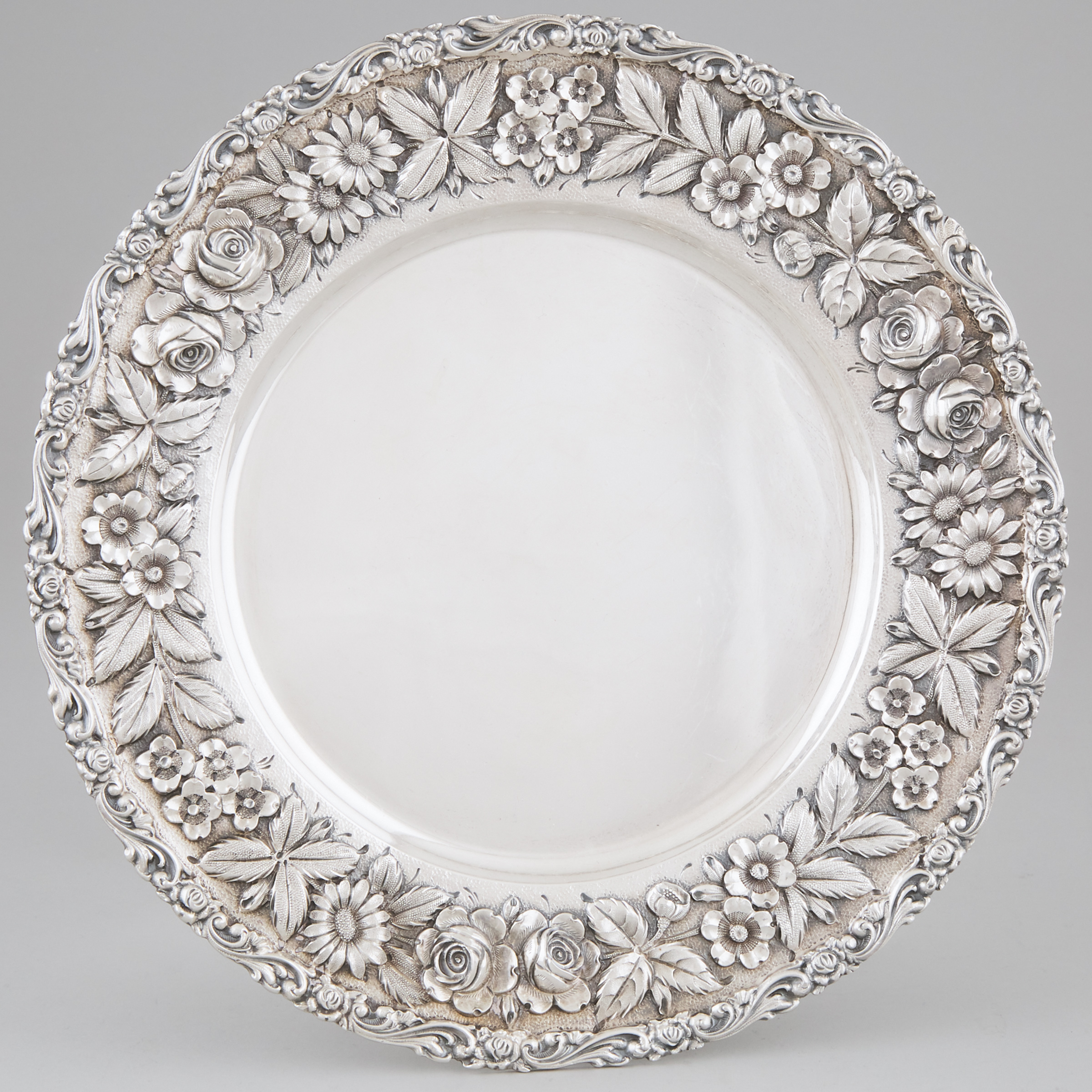 American Silver 'Baltimore Rose' Repoussé Plate, Frank Schofield, Baltimore Silversmiths Mfg. Co., Baltimore, Md, c.1903-05