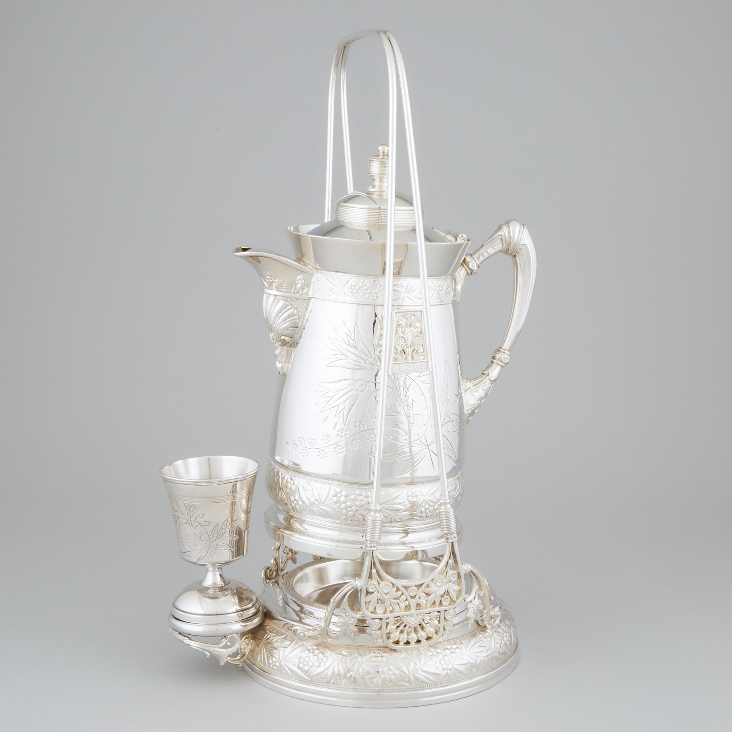 American Silver Plated Iced Water or Lemonade Jug on Stand with Goblet, Simpson Hall Miller & Co., c.1880