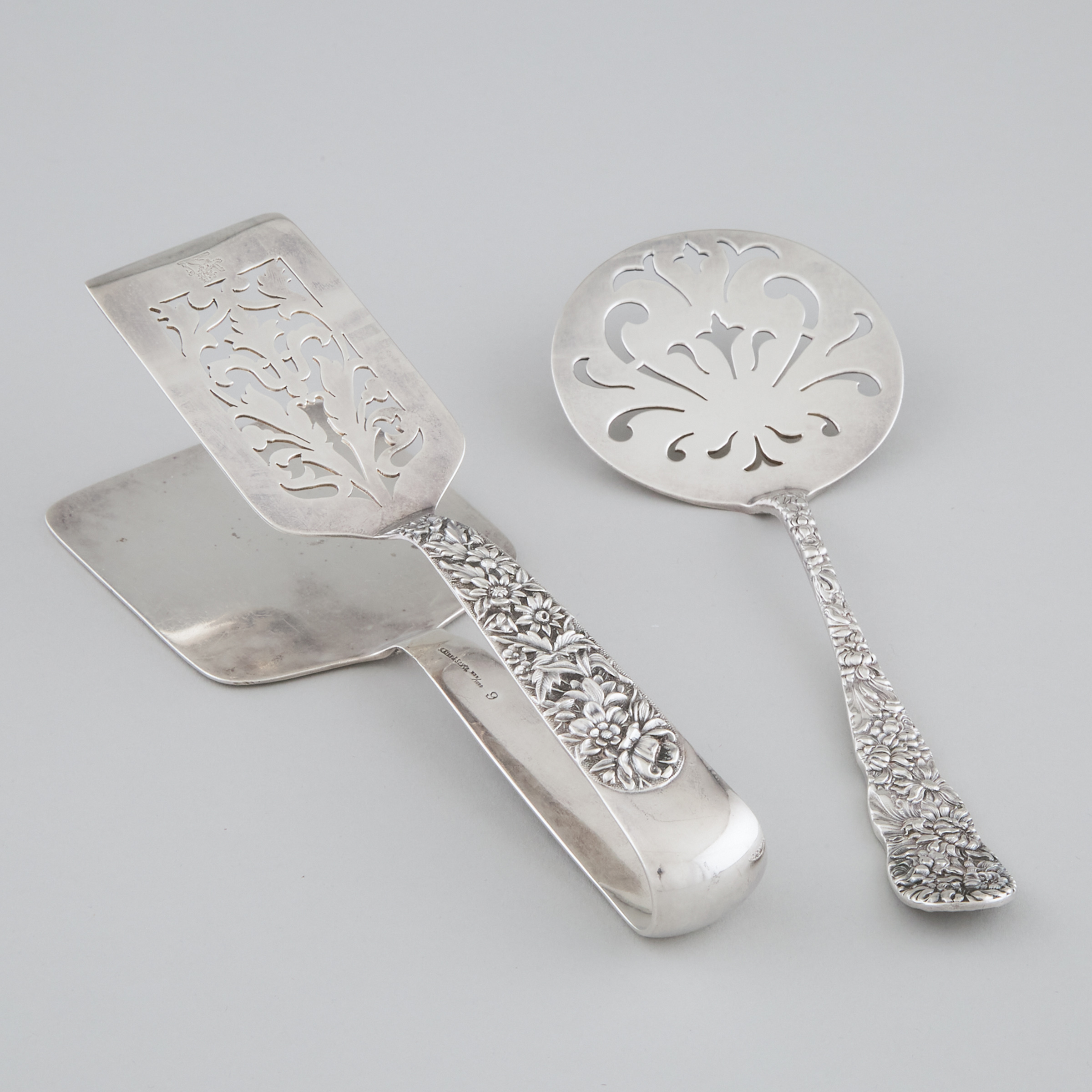 American Silver 'Repoussé' Tomato Server and Serving Tongs, Samuel Kirk & Son and Stieff Co., Baltimore, Md., early 20th century