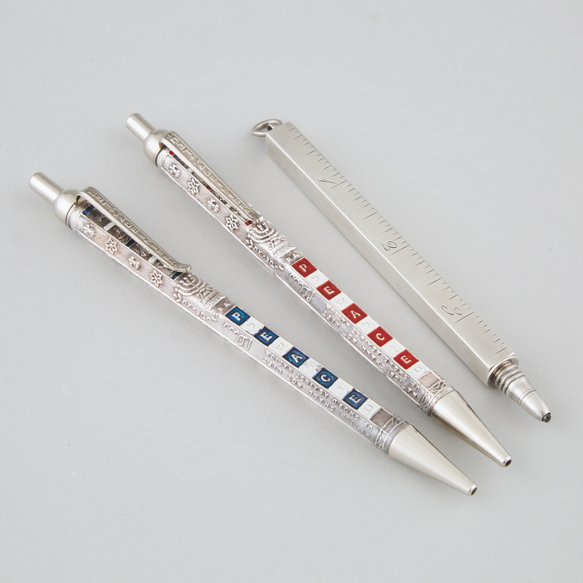 American Silver Extending 12-Inch Ruler Propelling Pencil, Edward Todd & Co., New York, N.Y., and Two Israeli Silver Pencils, 20th century