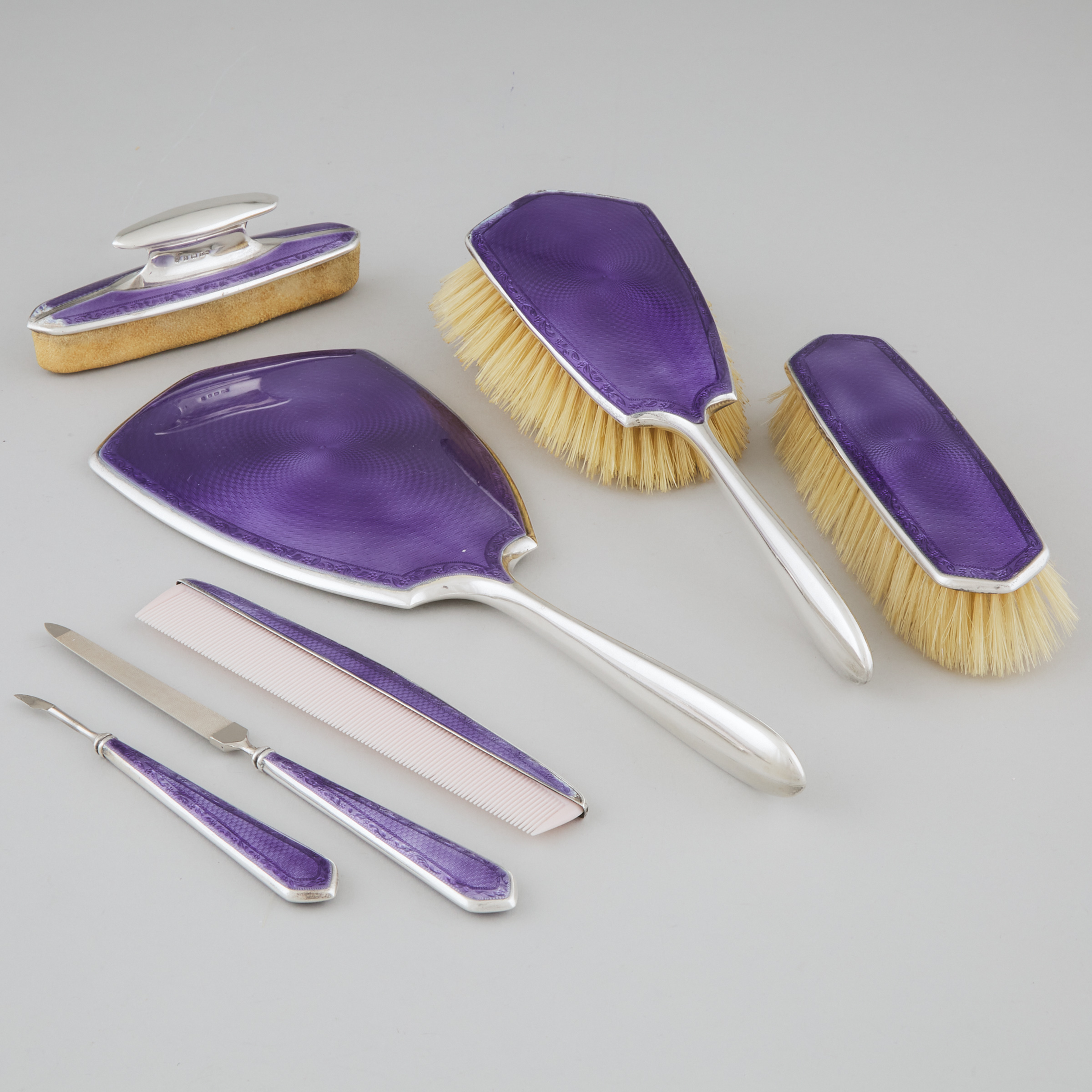 English Silver and Guilloché Translucent Purple Enamel Mounted Dresing Table Set, Charles S. Green & Co., Birmingham, 1927-28