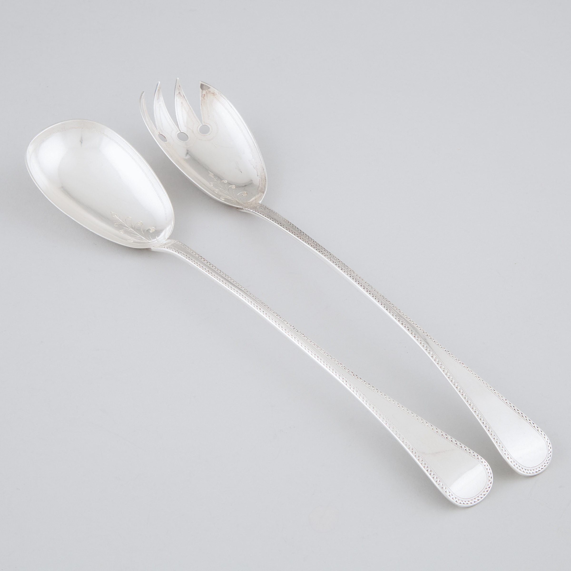 Pair of George III Silver Engraved Old English Pattern Salad Servers, William Eley & William Fearn, London, 1814